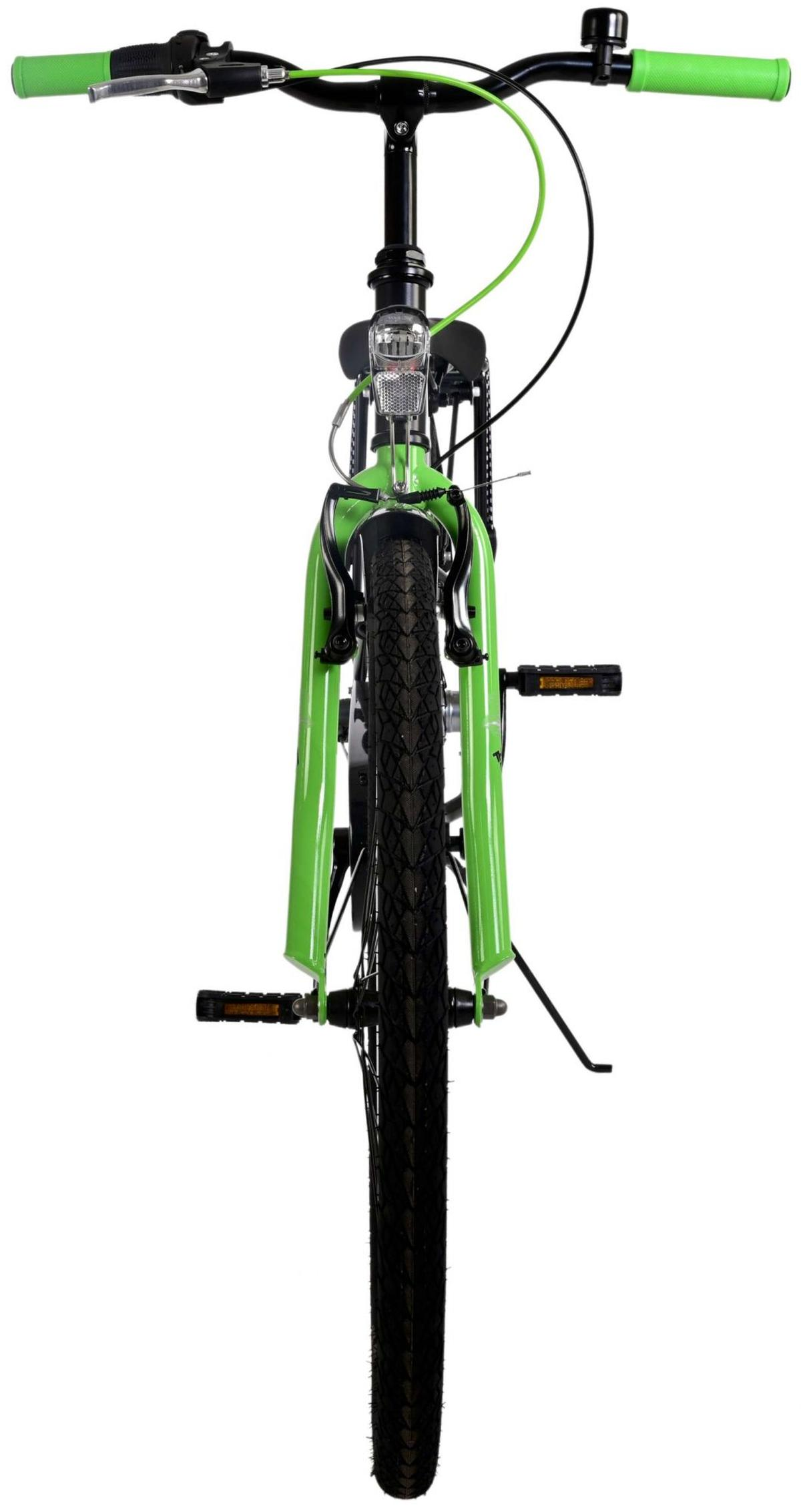Grünes Fahrrad von vorne. Grüne Lenker, Gabeln und Vorderrad. Schwarzer Reifen und eine Klingel sind sichtbar.