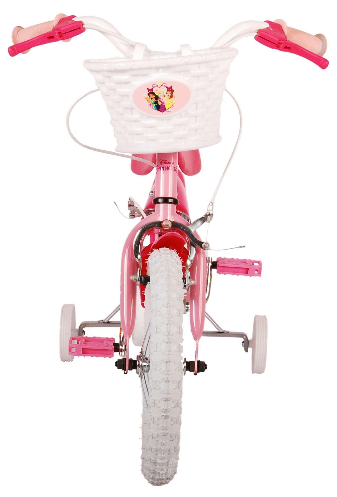 Vorderansicht eines rosa Fahrrads mit Korb, Stützrädern und Prinzessinnen-Thema.