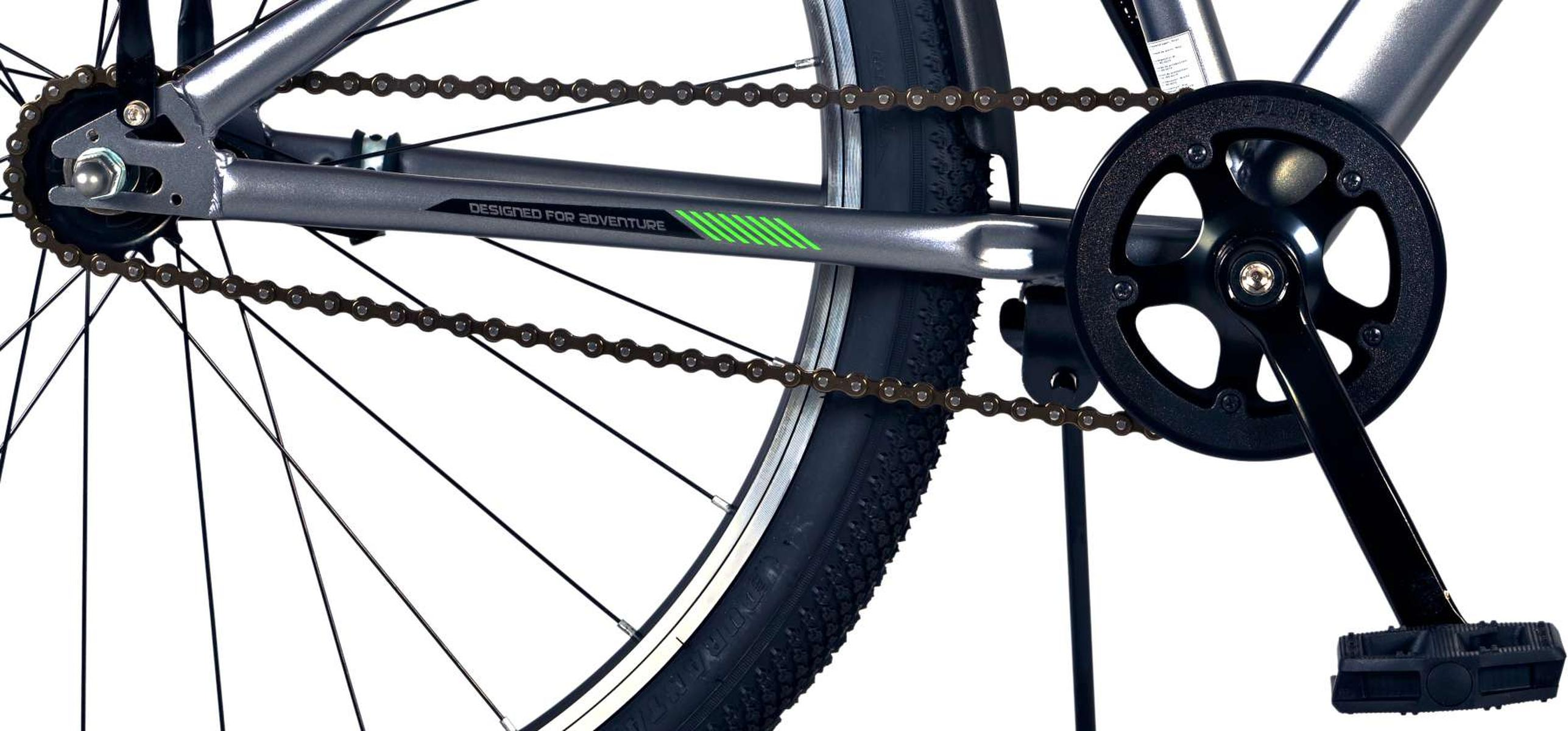 Nahaufnahme von Zahnrädern und Kette eines grauen Fahrrads. Es hat ein schwarzes Pedal.
