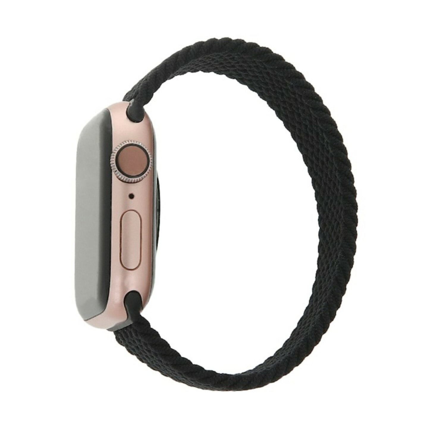 Roségoldene Apple Watch mit schwarzem geflochtenem Armband. Weißer Hintergrund.