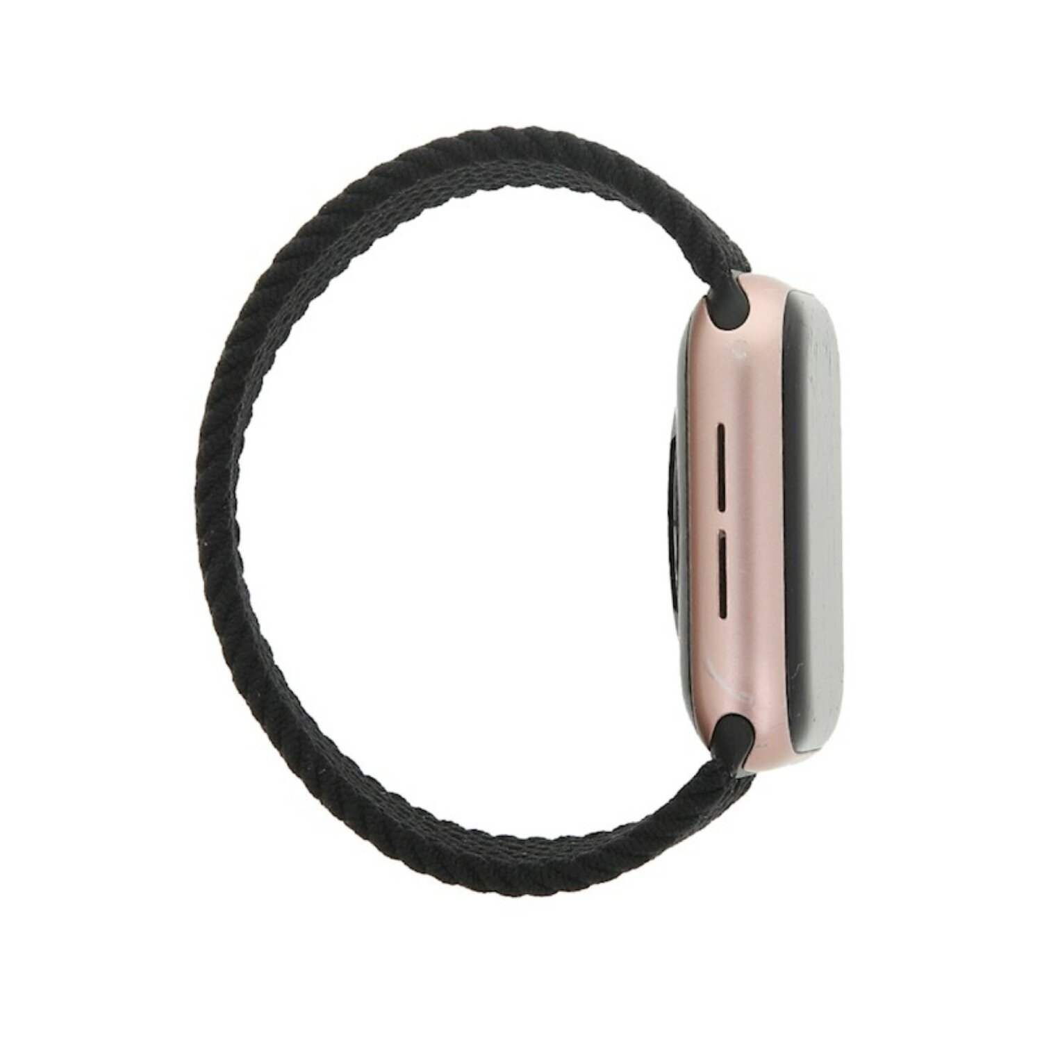 Roségoldene Smartwatch mit schwarzem geflochtenem Armband, Seitenansicht.