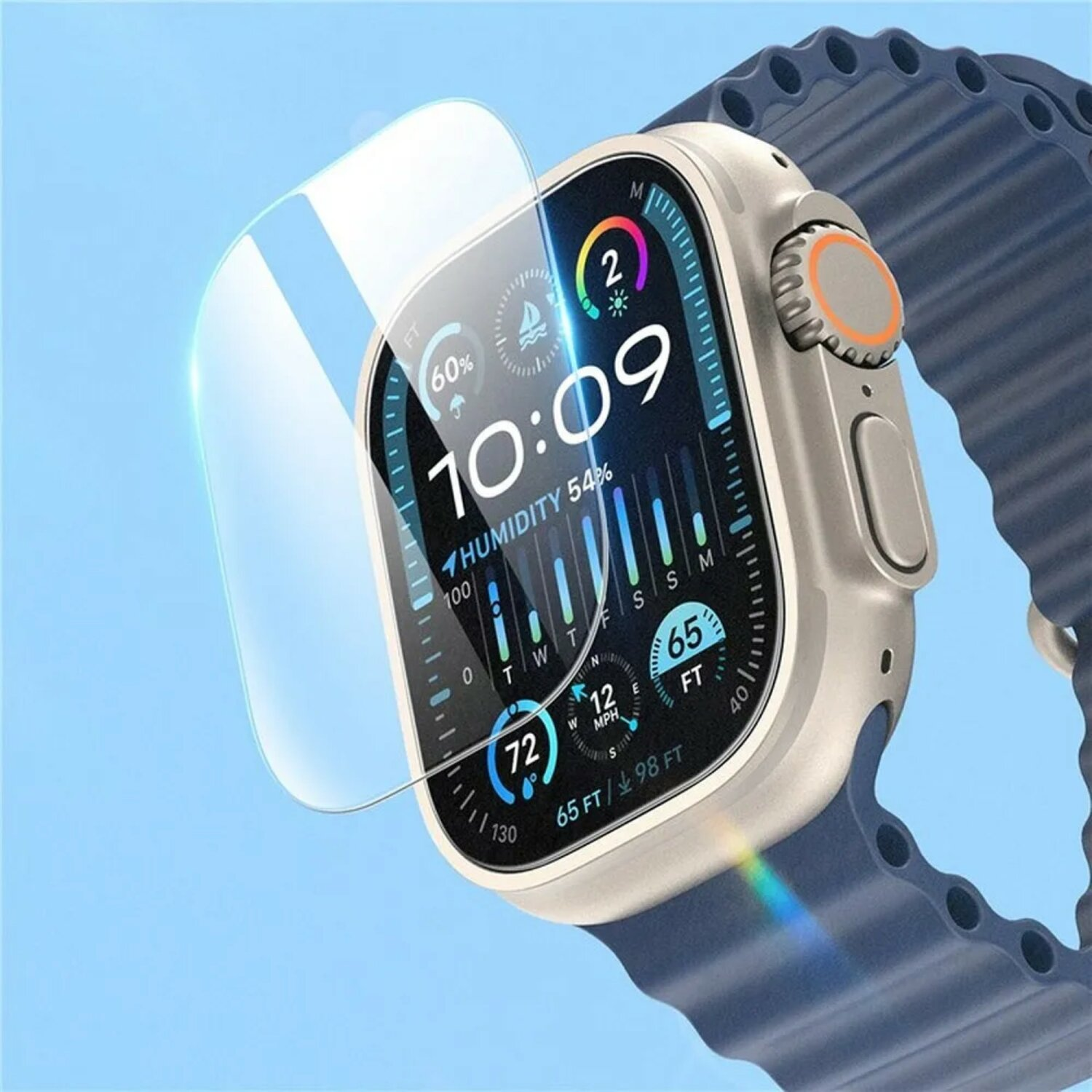 Smartwatch mit angebrachtem Displayschutz, zeigt Uhrzeit, Wetterdaten und Gesundheitsmetriken auf blauem Band.