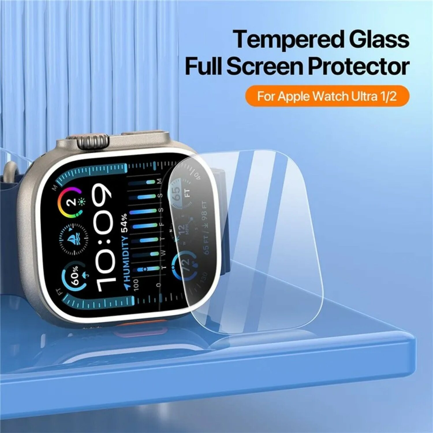 Smartwatch mit Displayschutz, Text: 'Tempered Glass Full Screen Protector' für Apple Watch.