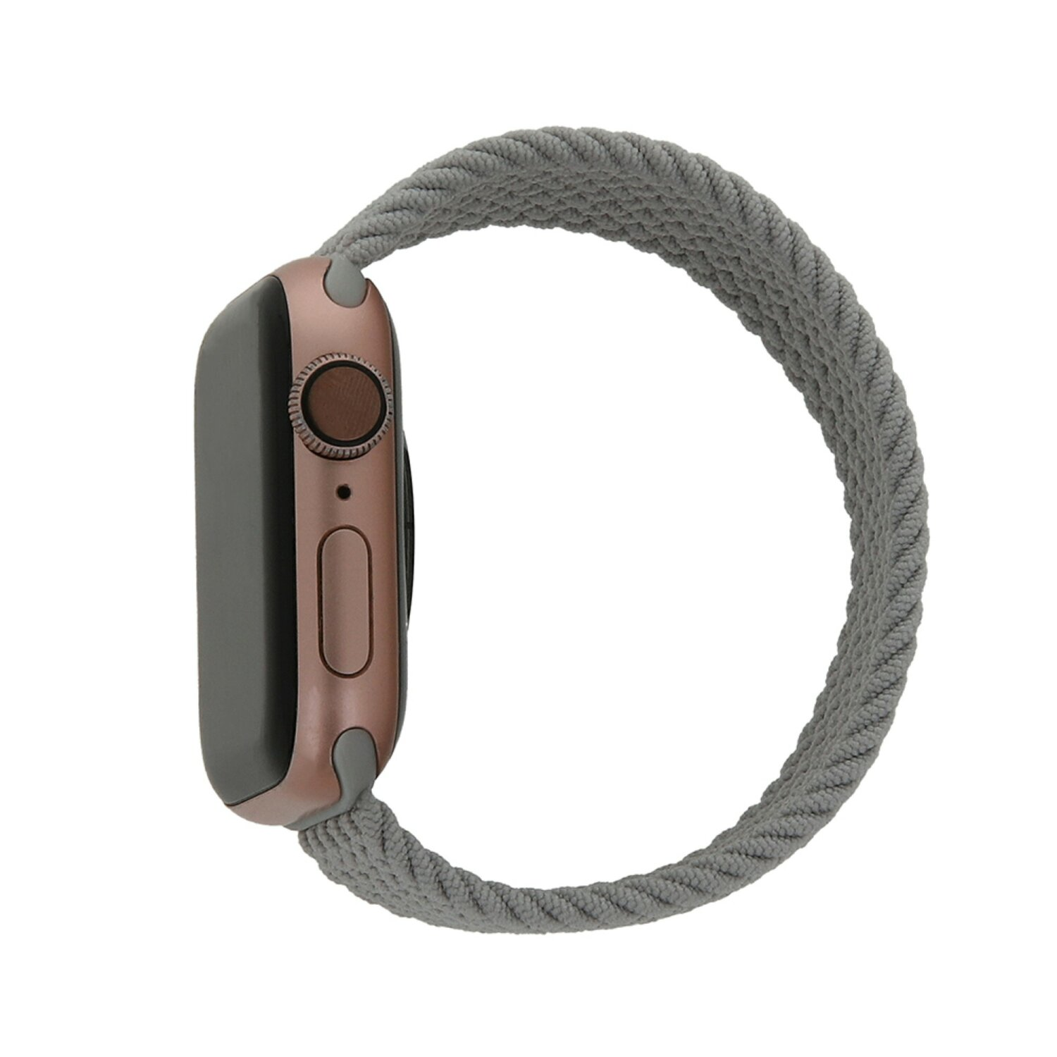 Roségoldene Apple Watch mit grauem geflochtenem Armband, vor weißem Hintergrund.