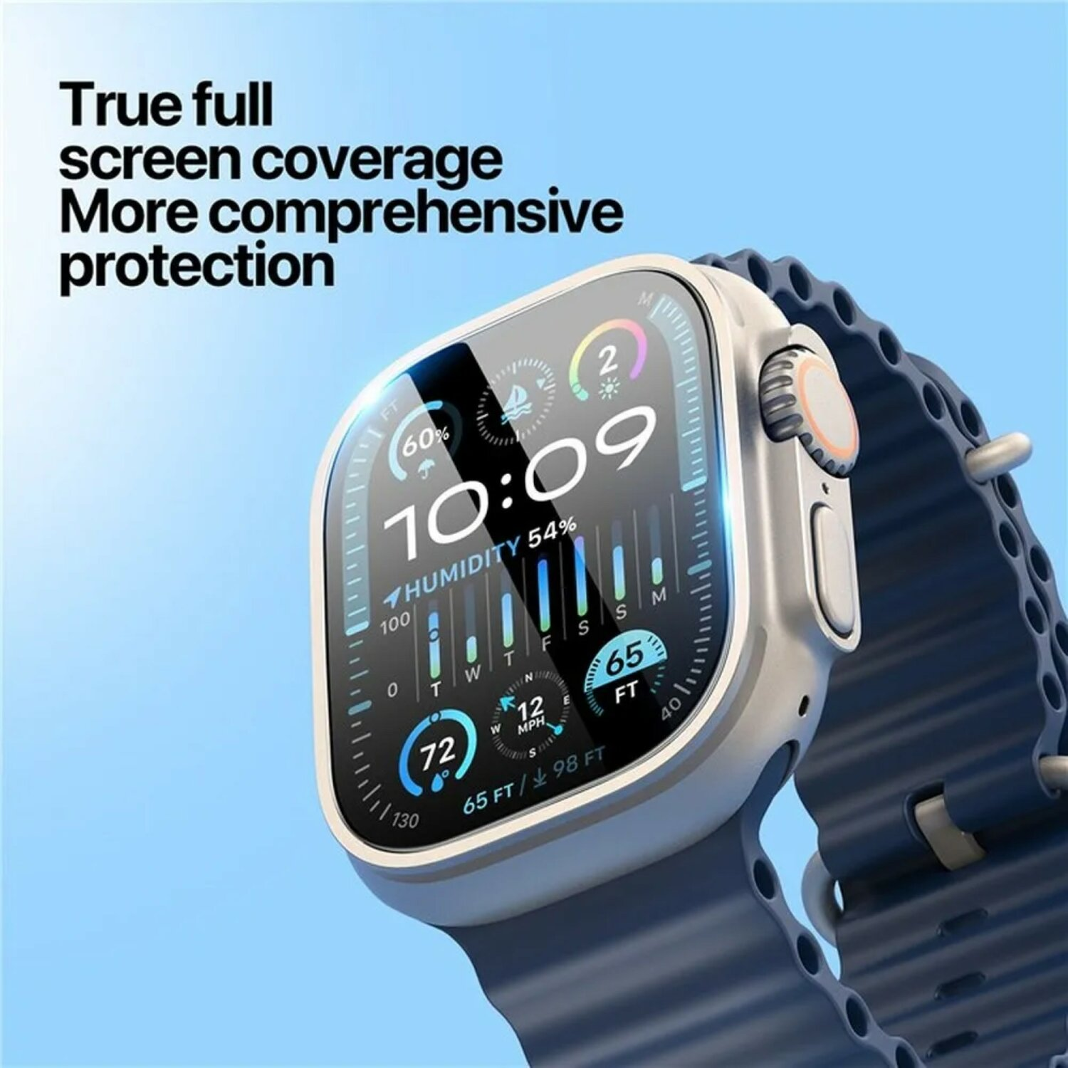 Smartwatch mit blauem Band und Datendisplay, vor blauem Hintergrund.
