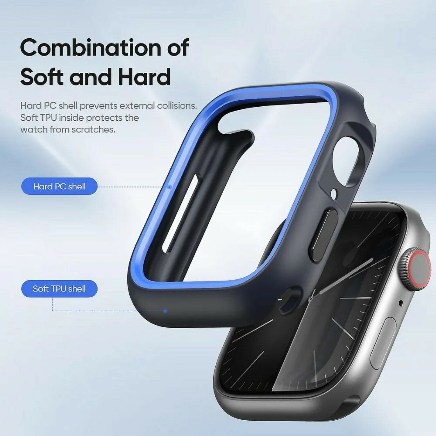 Ein Uhrengehäuse in Blau und Schwarz mit einer Apple Watch im Inneren. Text steht oben.