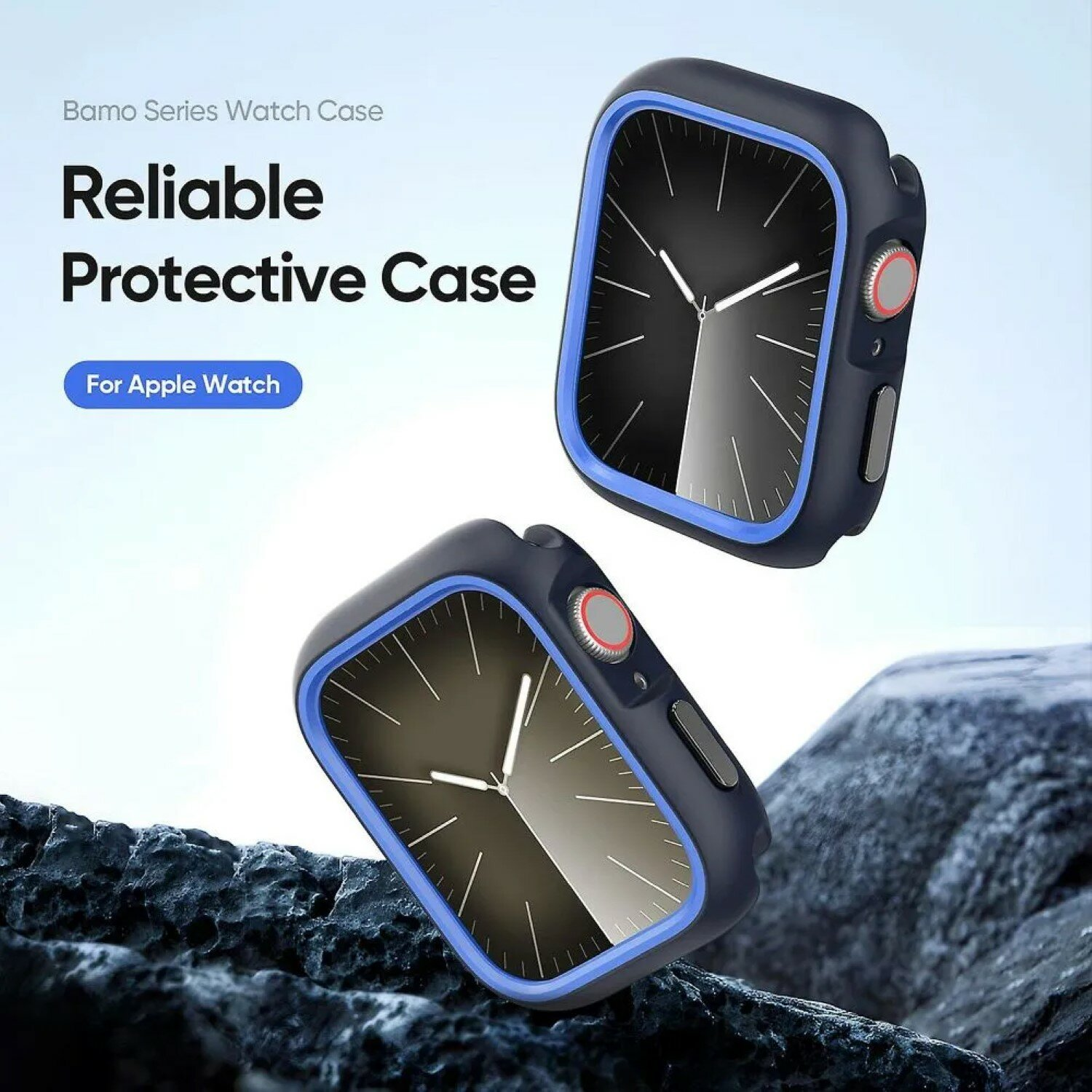 Zwei Smartwatches in Schutzhüllen. Schwarze und blaue Hüllen. Text: Zuverlässige Schutzhülle.