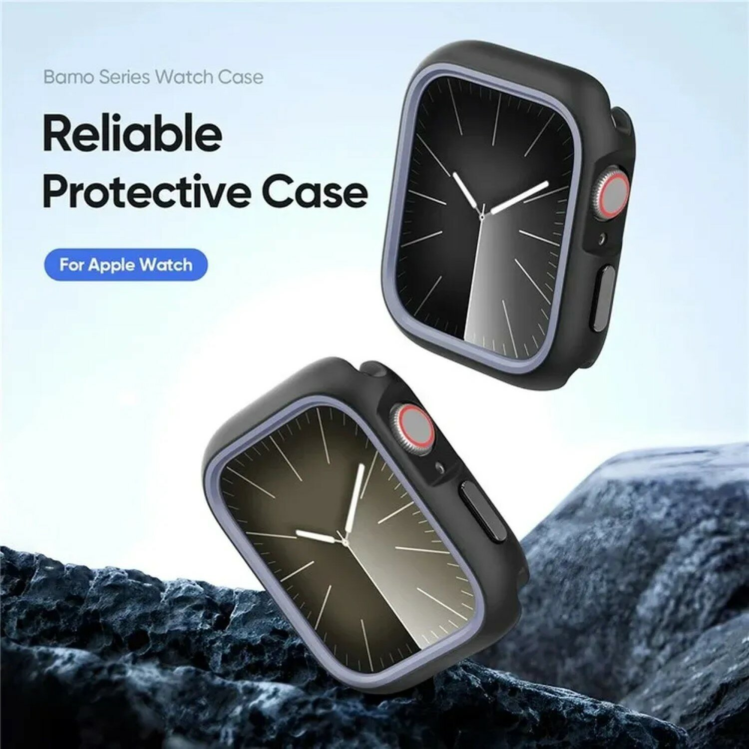 Zwei schwarze Apple Watch Hüllen, die ein Zifferblatt mit weißem Zifferblatt und Zeigern zeigen, die in der Luft schweben.
