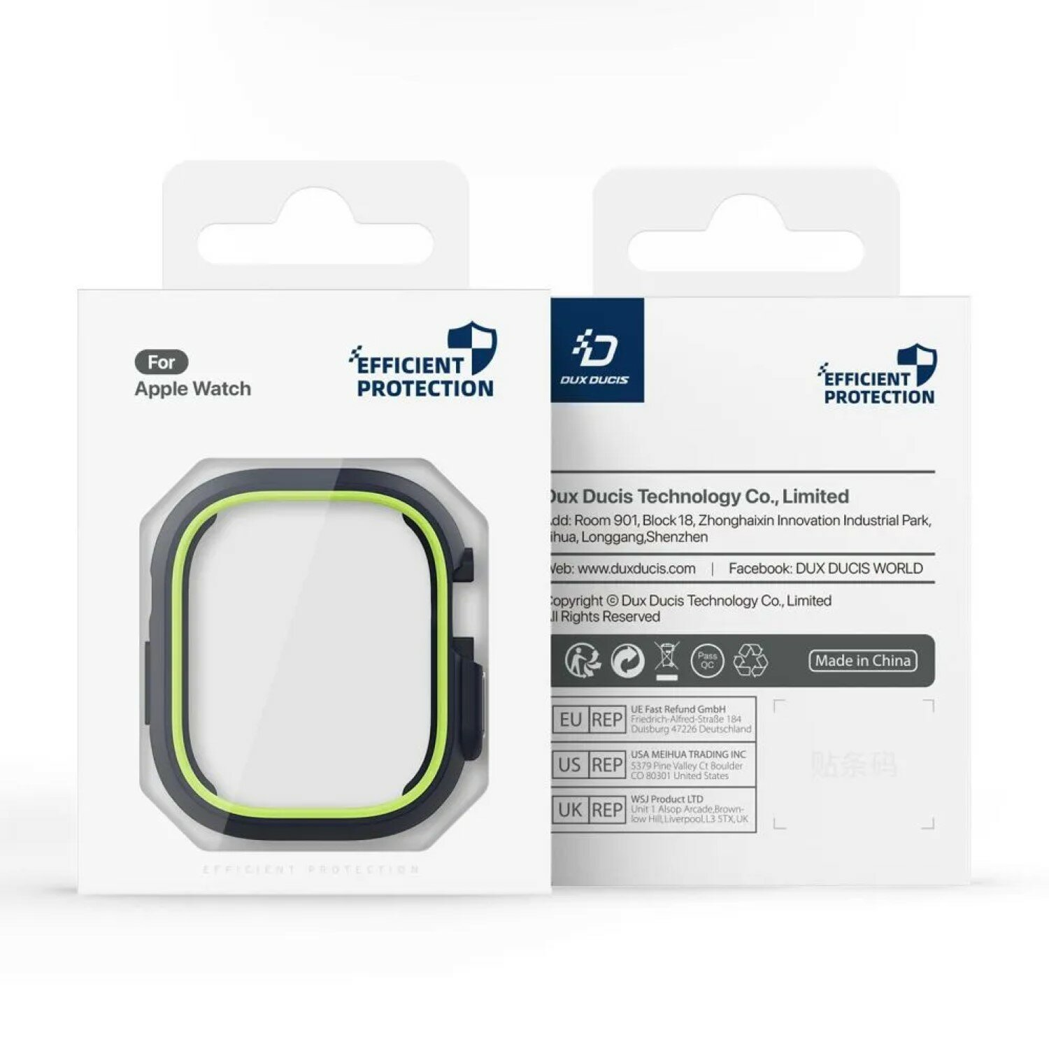 Verpackung für einen Apple Watch-Bildschirmschutz, mit einer Uhrenkontur und Text. Weißer Hintergrund.