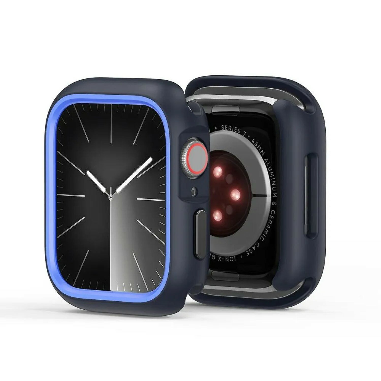 Eine blaue Apple Watch-Hülle, geöffnet. Zeigt das Zifferblatt und die Rückseite mit Sensoren.