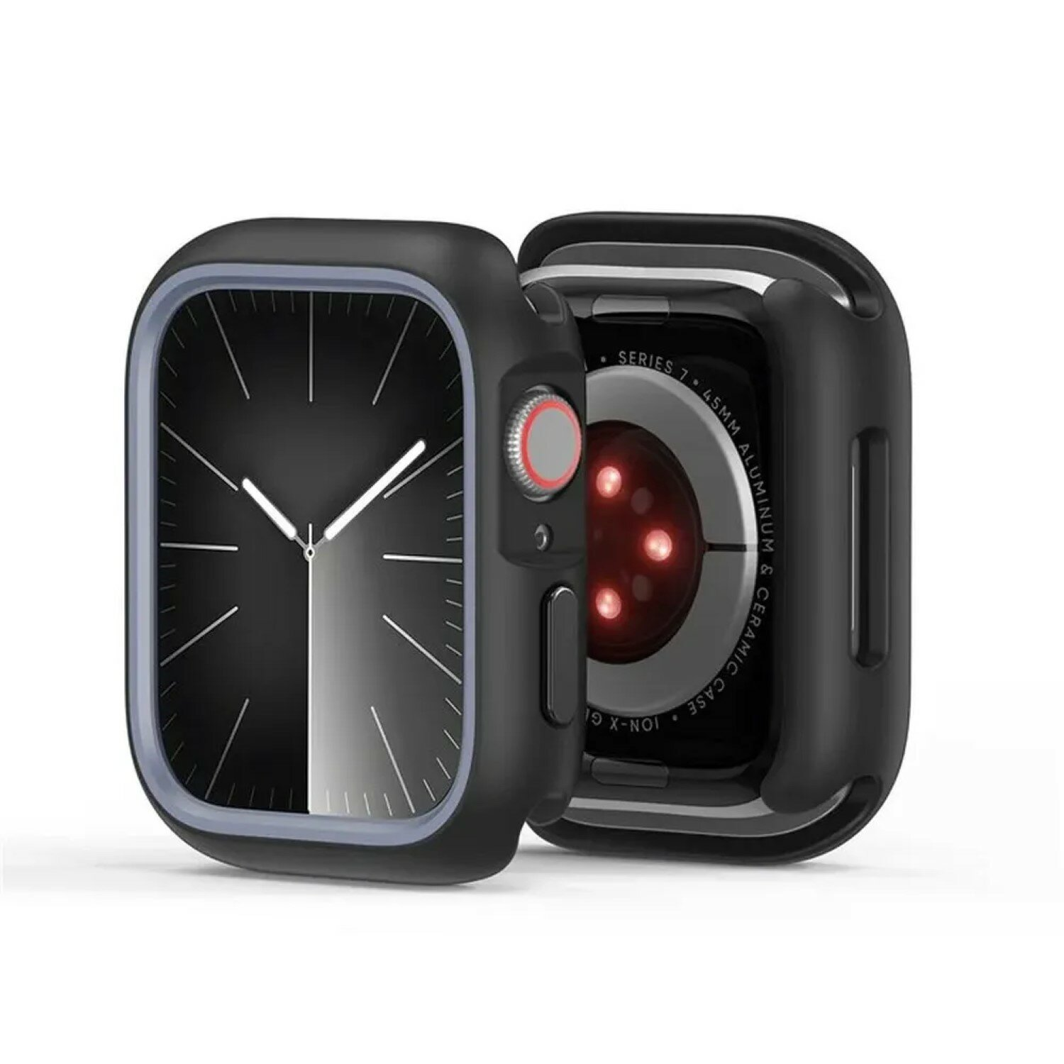 Eine schwarze Apple Watch-Hülle, geöffnet, zeigt das Zifferblatt und die Rückseite mit Sensoren. Es ist auf weißem Untergrund.