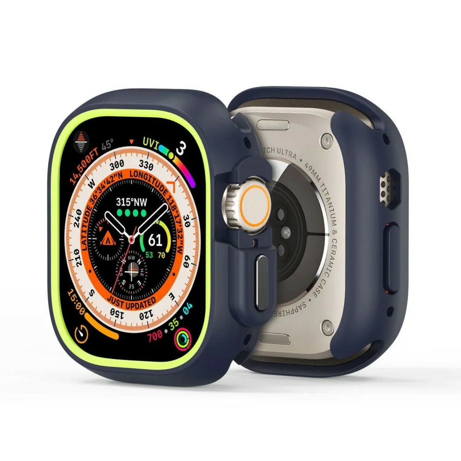 Nahaufnahme einer Smartwatch. Blaues Gehäuse, grünes und oranges Display. Zwei Uhren sind sichtbar.