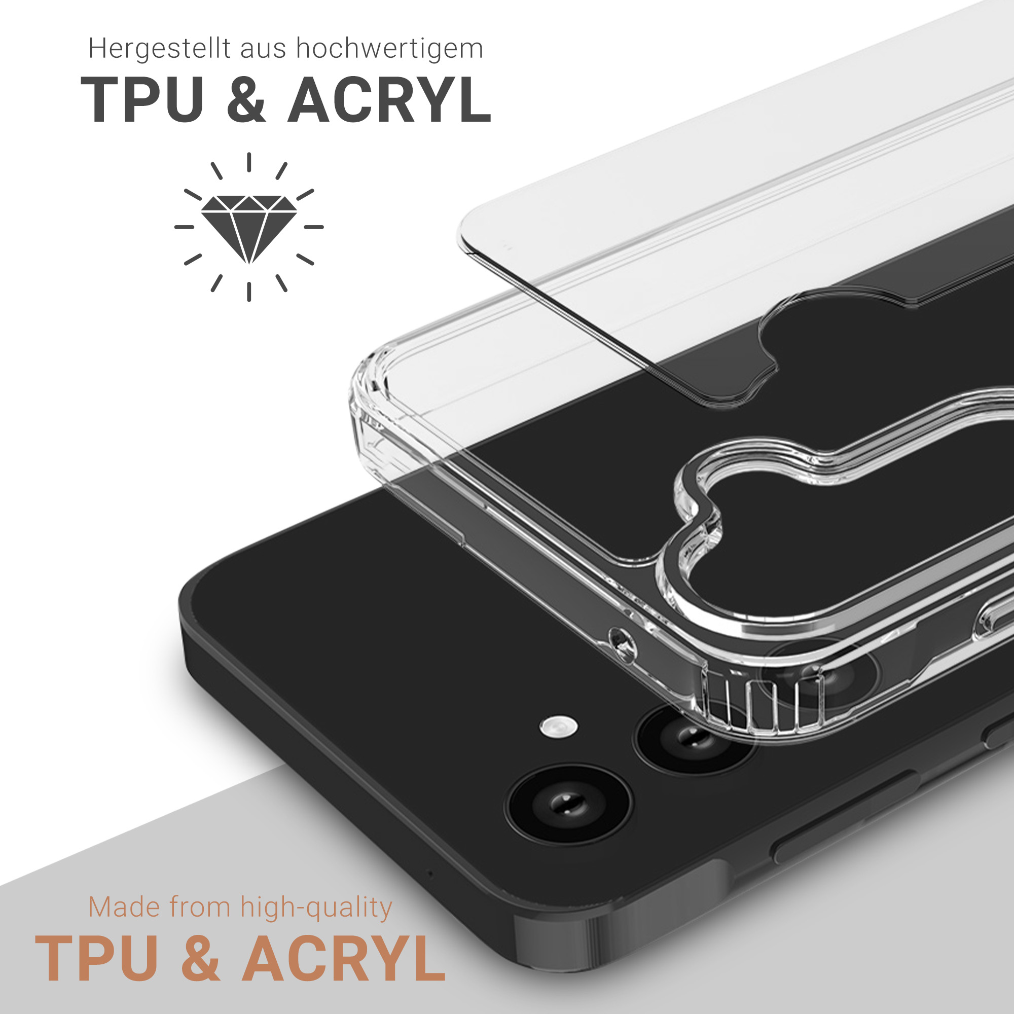 Eine Handyhülle wird geöffnet, mit einem Telefon darin. Weißer Hintergrund mit Text TPU & ACRYL.
