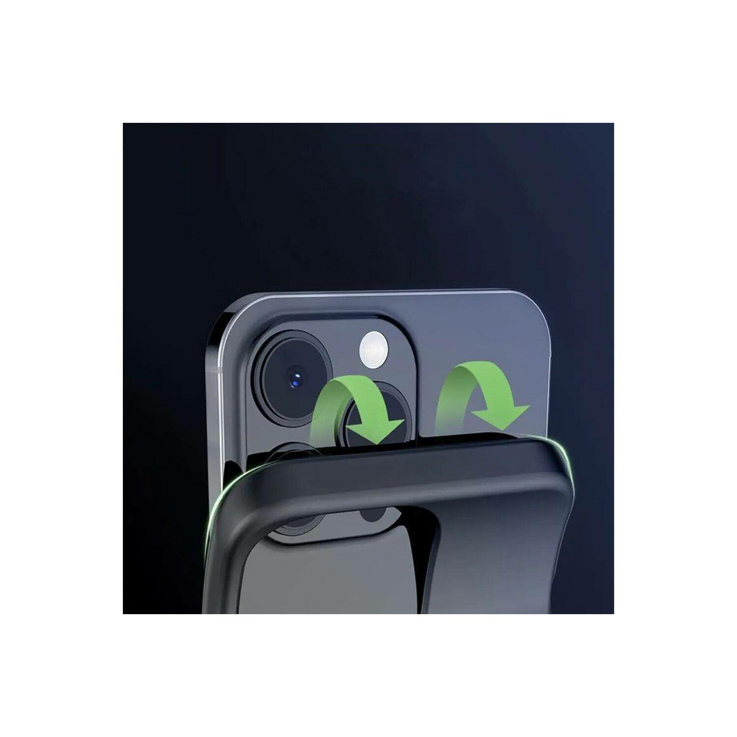 Custodia nera per telefono con due lenti della fotocamera e frecce verdi verso il basso.