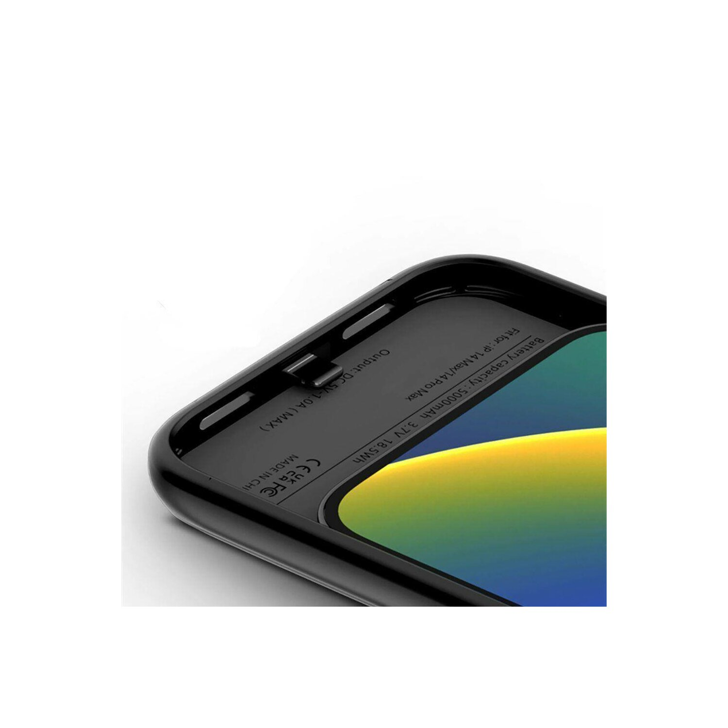 Custodia nera per telefono con schermo nero. Dettagli di testo e porte visibili.