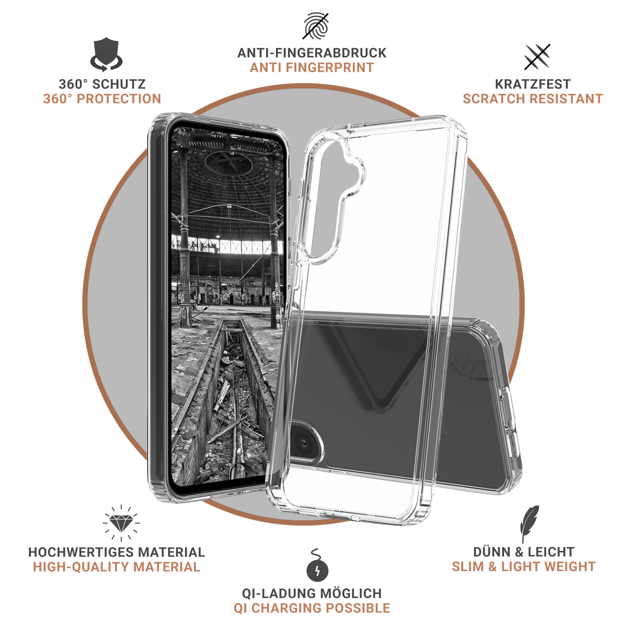 Transparente Handyhülle mit Telefon, Text mit Eigenschaften.