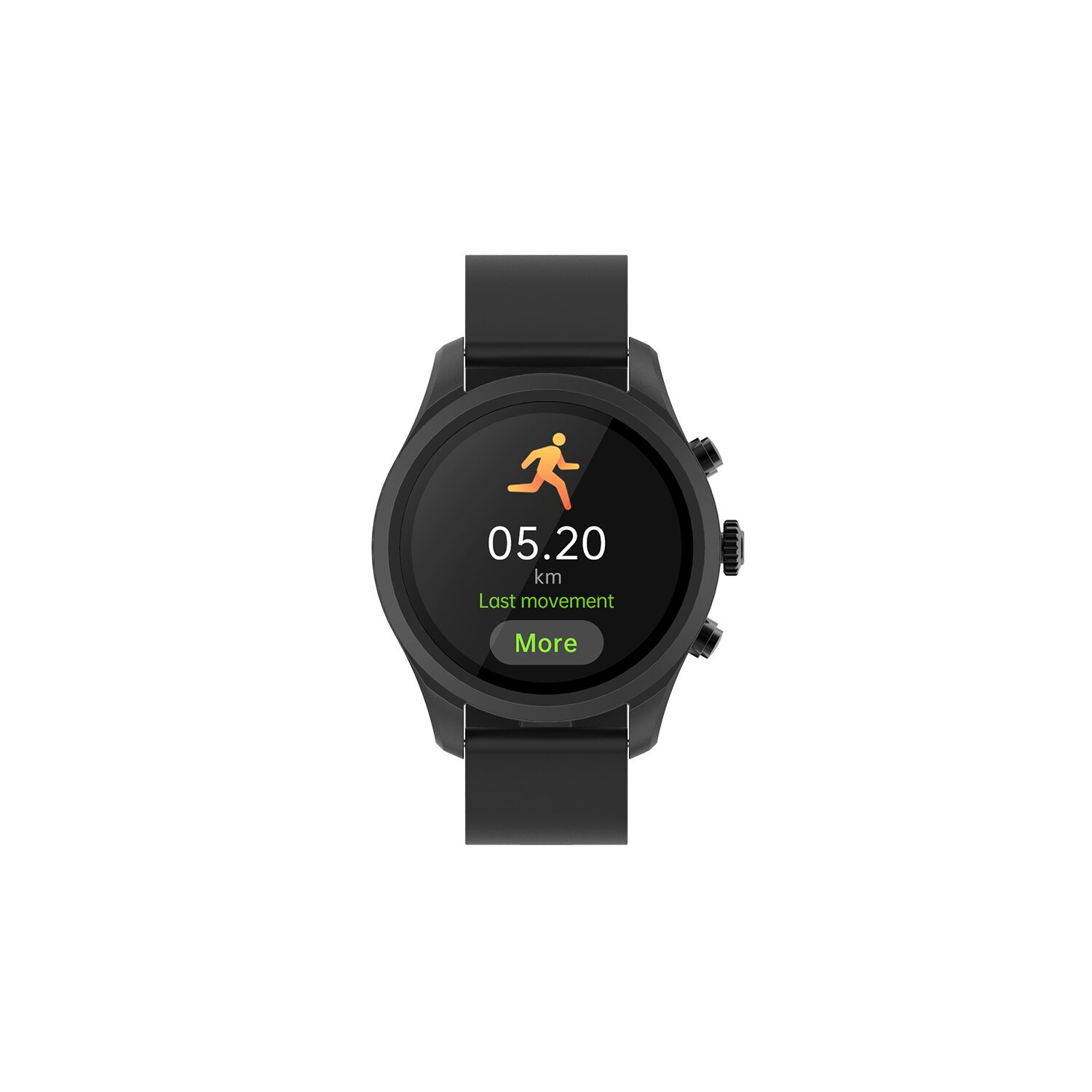 Eine schwarze Smartwatch, die ein Laufsymbol und die Distanz anzeigt, vor weißem Hintergrund.