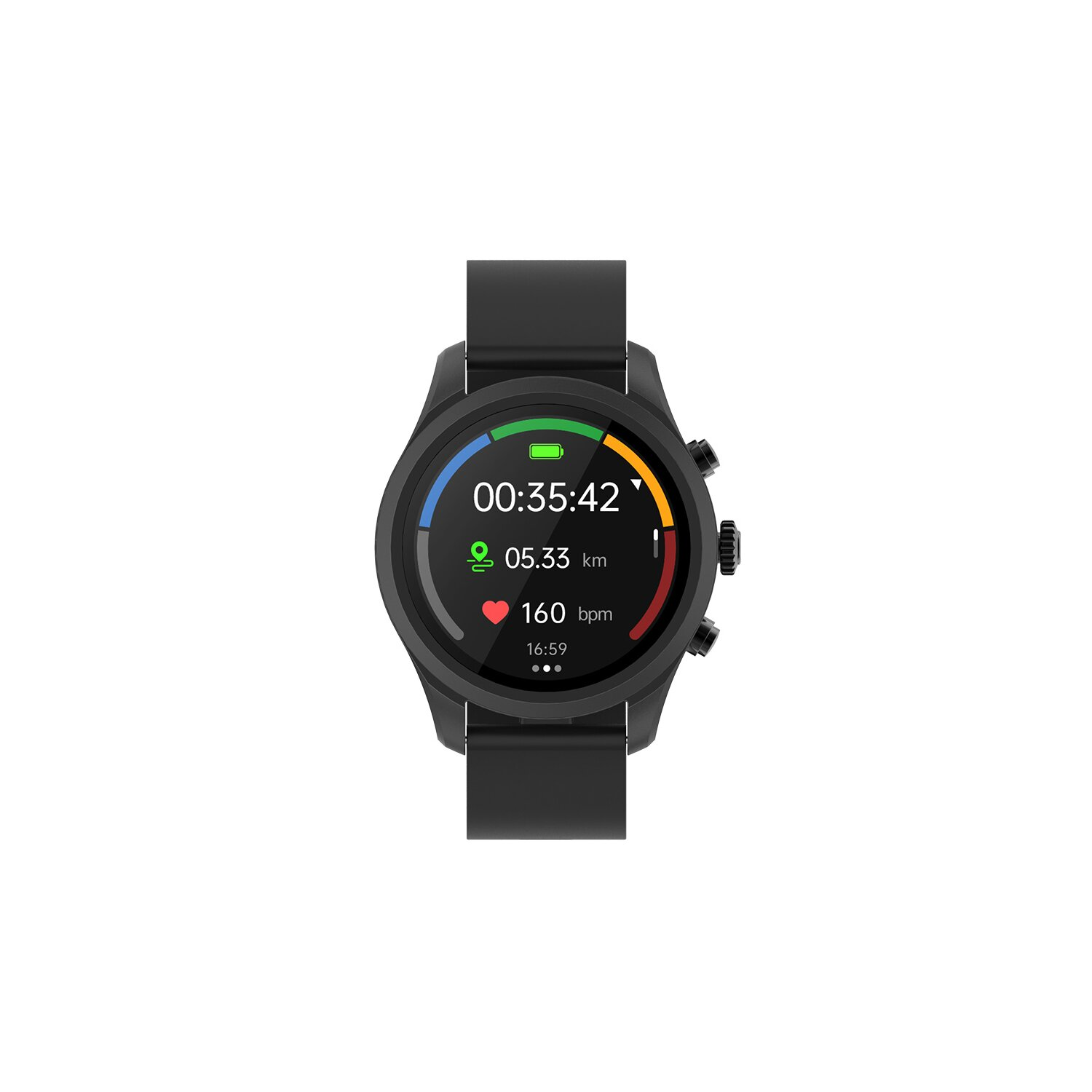 Schwarze Smartwatch, die Zeit, Distanz und Herzfrequenz anzeigt.