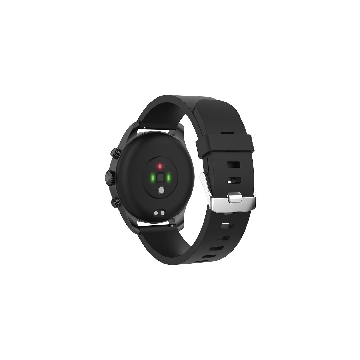 Schwarze Smartwatch mit schwarzem Armband und grünem Licht auf der Rückseite, vor weißem Hintergrund.