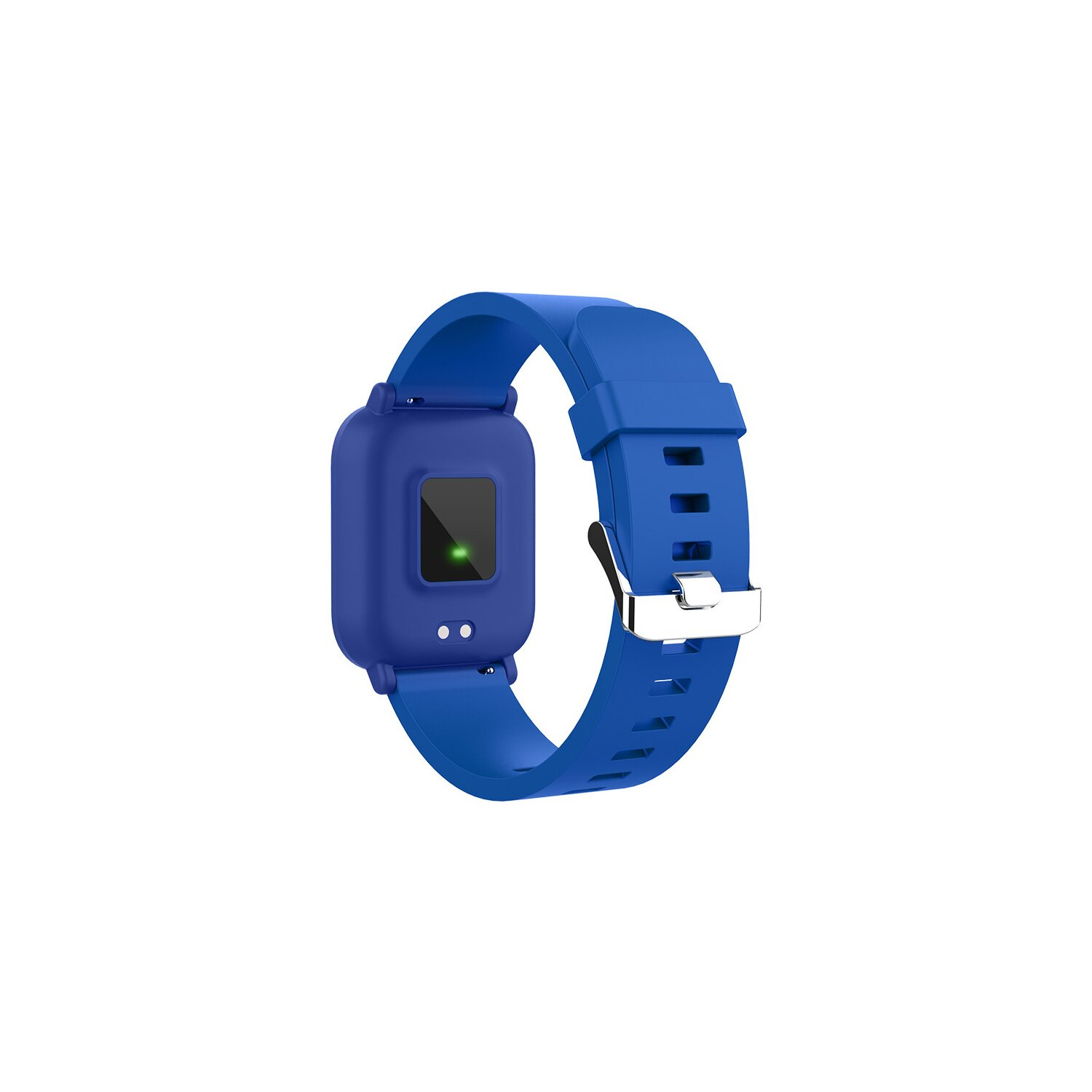 Niebieski smartwatch z niebieskim paskiem. Ekran jest czarny z zielonym światłem.