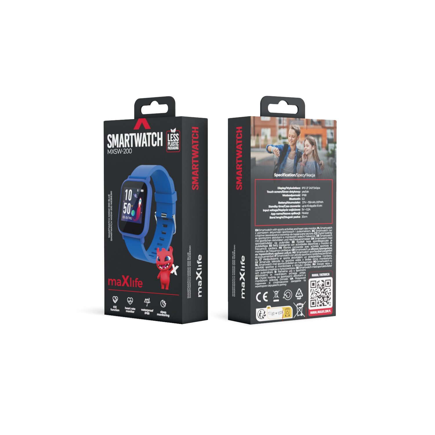 Dwa pudełka niebieskiego smartwatcha z niebieskim paskiem, na białym tle.