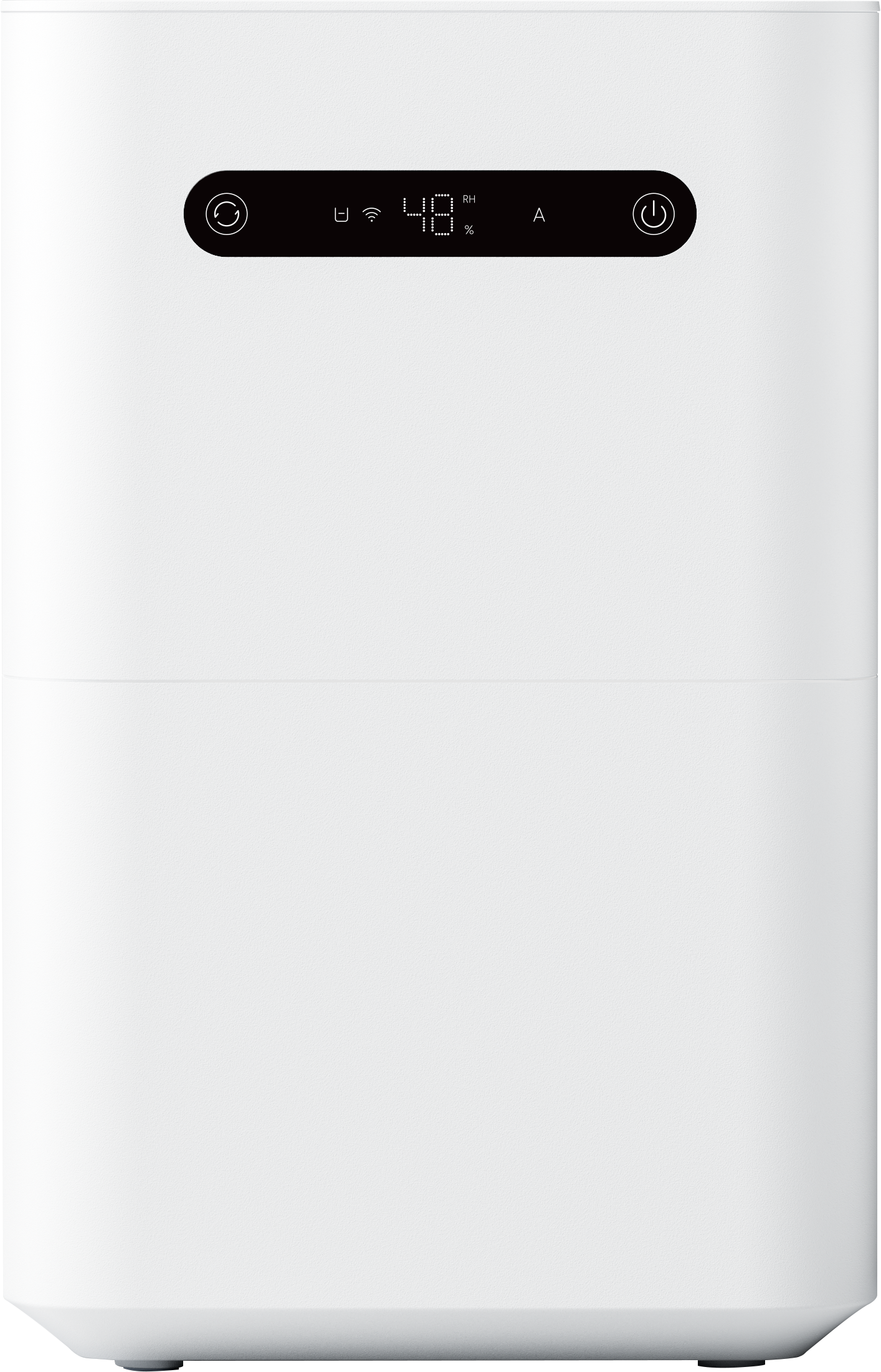 Un deumidificatore bianco con display digitale che mostra l'umidità. Ha dei pulsanti.