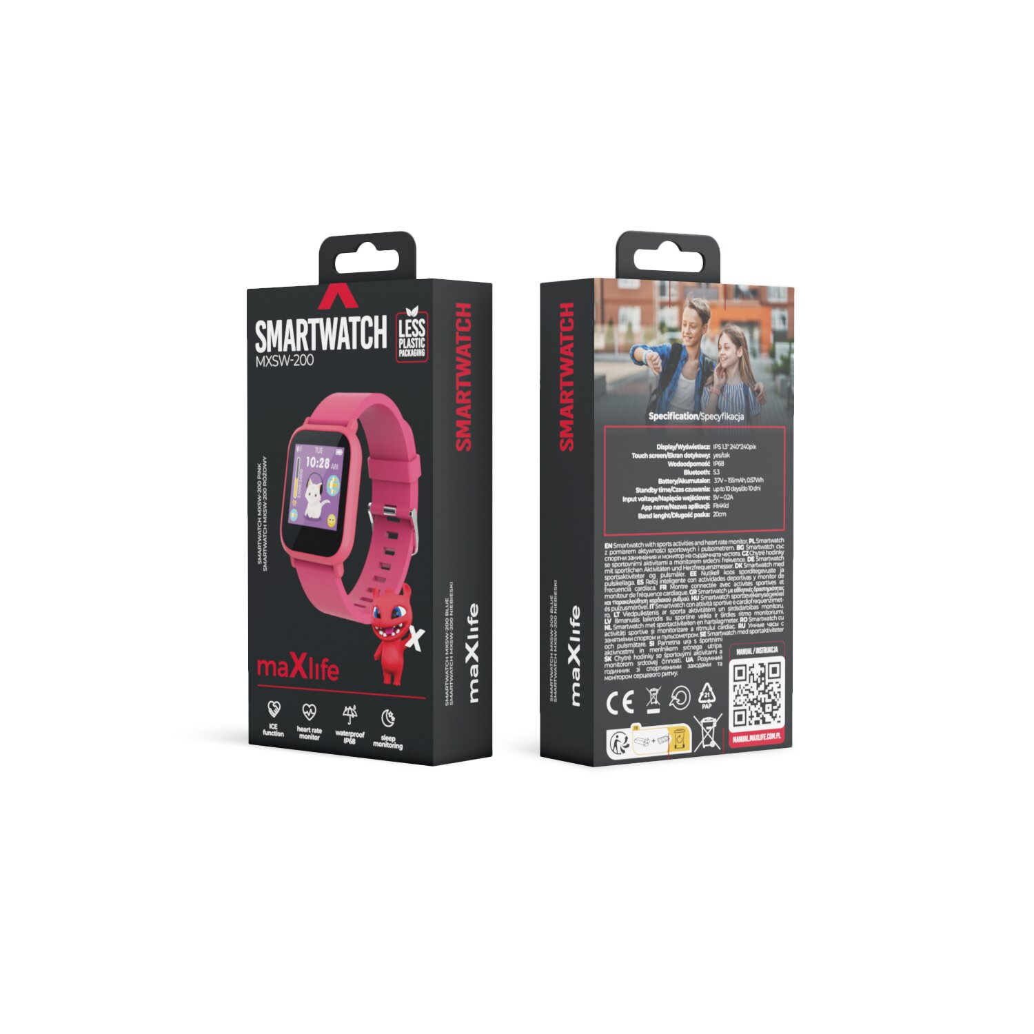 Różowe pudełko smartwatcha ze zdjęciem zegarka. Zegarek ma różowy pasek.