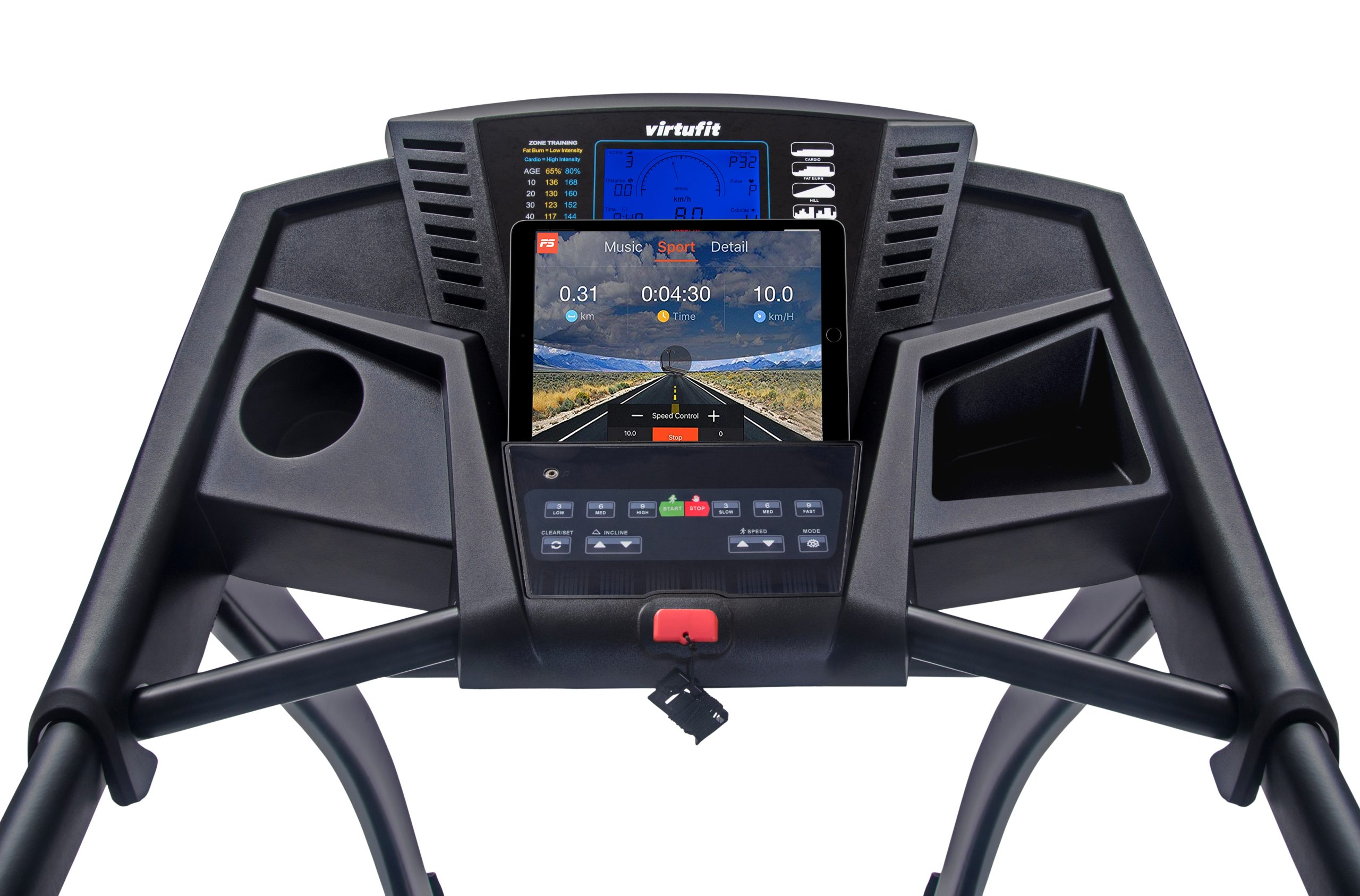 Laufband mit Tablet, das eine Landschaft und Leistungskennzahlen anzeigt. Schwarzes Design. Weißer Hintergrund.