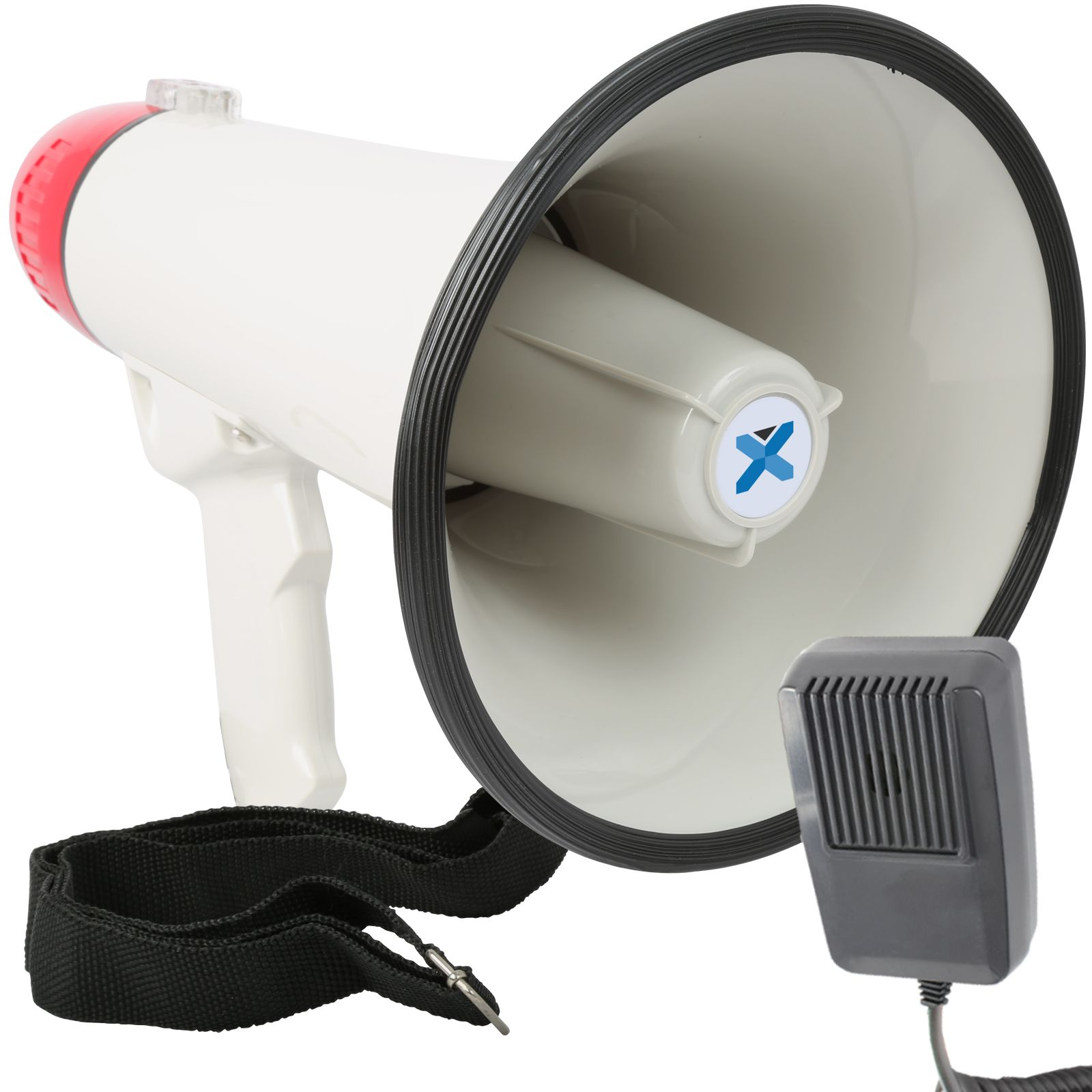 White megaphone with a red rim. A black strap and a gray microphone are attached.