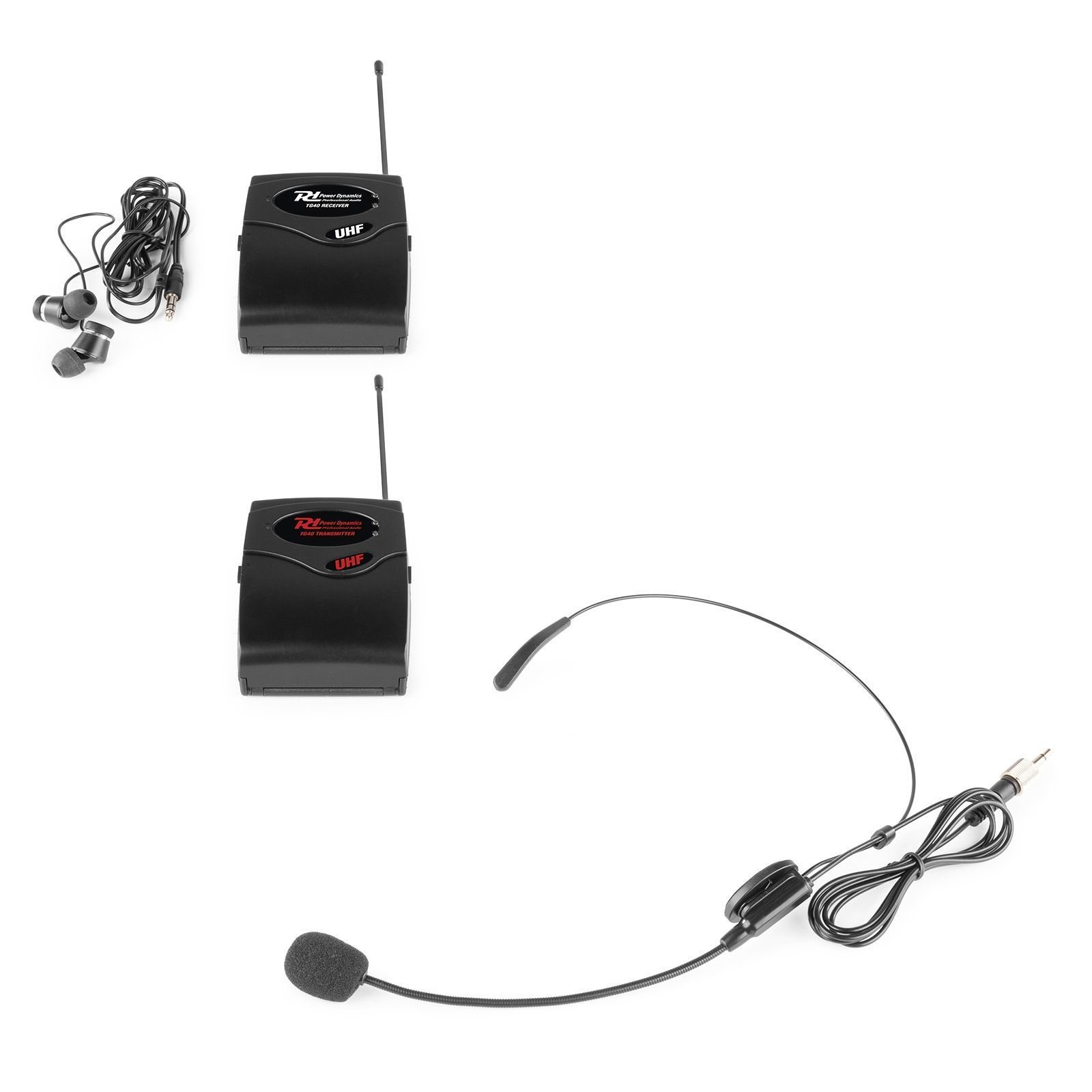 Twee zwarte ontvangerunits en twee microfoons. Koptelefoons en kabels zijn inbegrepen.