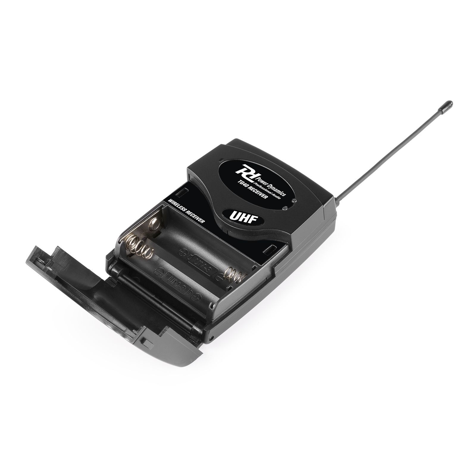 Draadloze ontvanger met batterijen erin, zwart. Merk: R2 Power Dynamics.