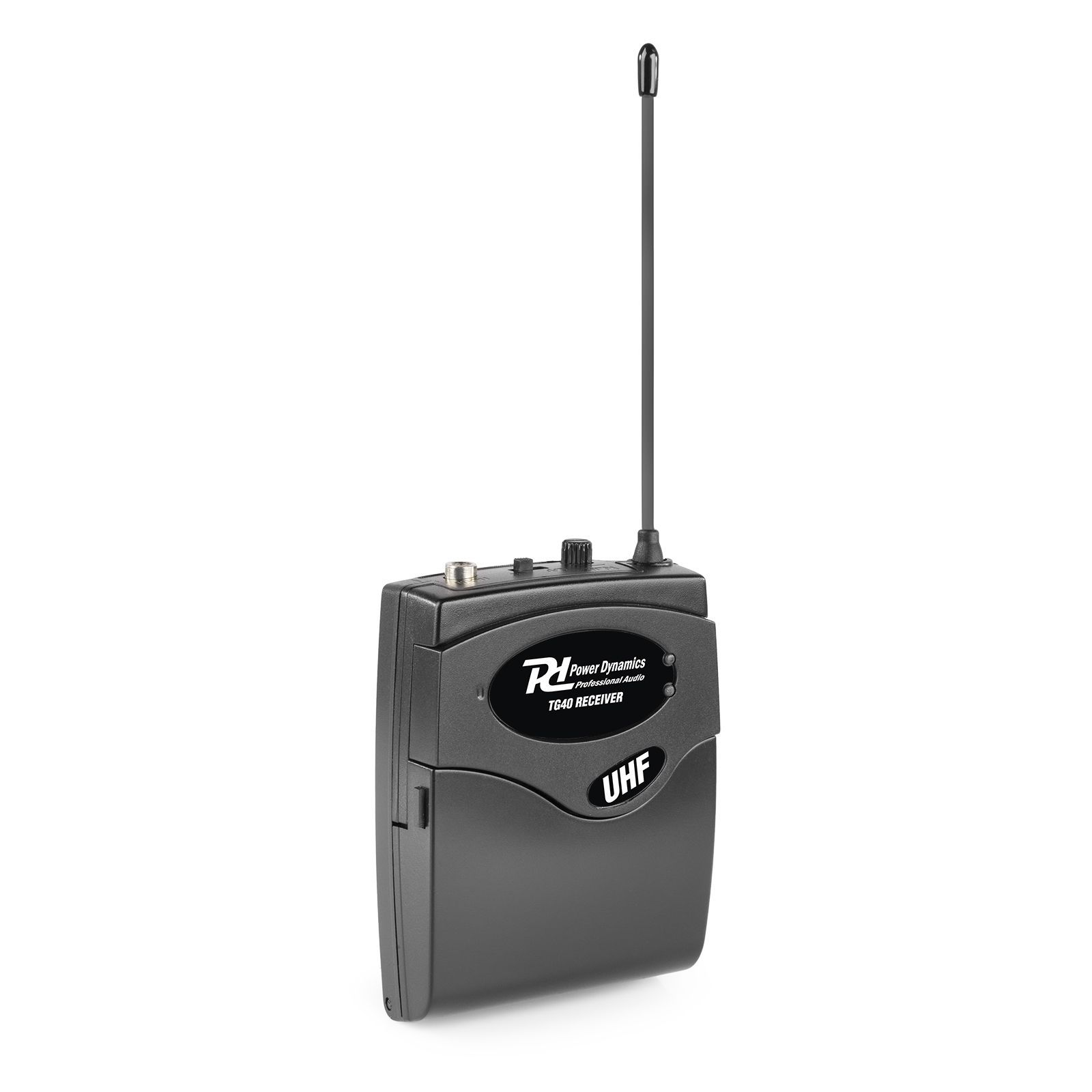 Zwarte draadloze ontvanger met antenne. Merk: R2 Power Dynamics, Tekst: UHF.