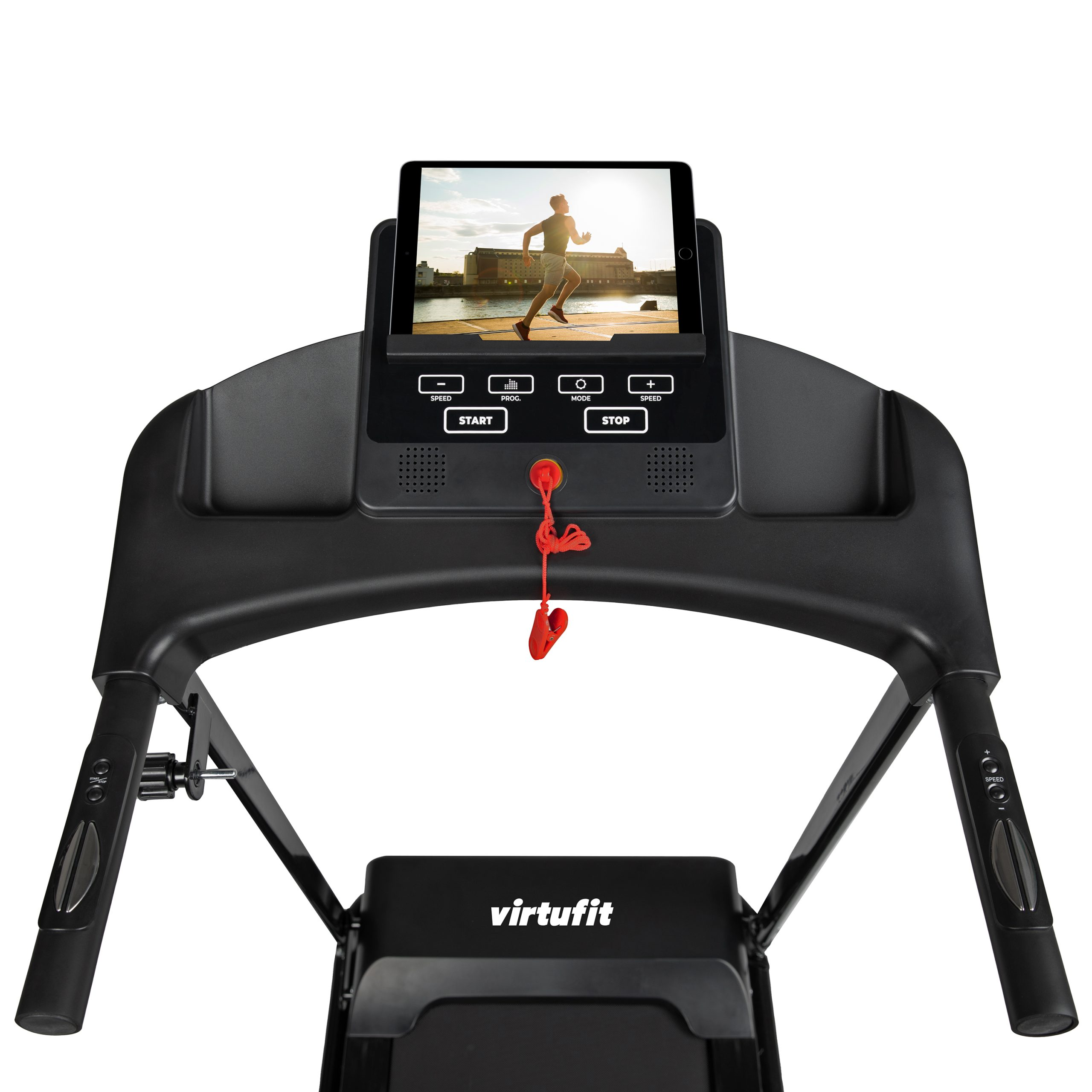 Laufband mit Tablet, das einen Läufer anzeigt. Start/Stopp-Tasten und roter Sicherheitsschlüssel.