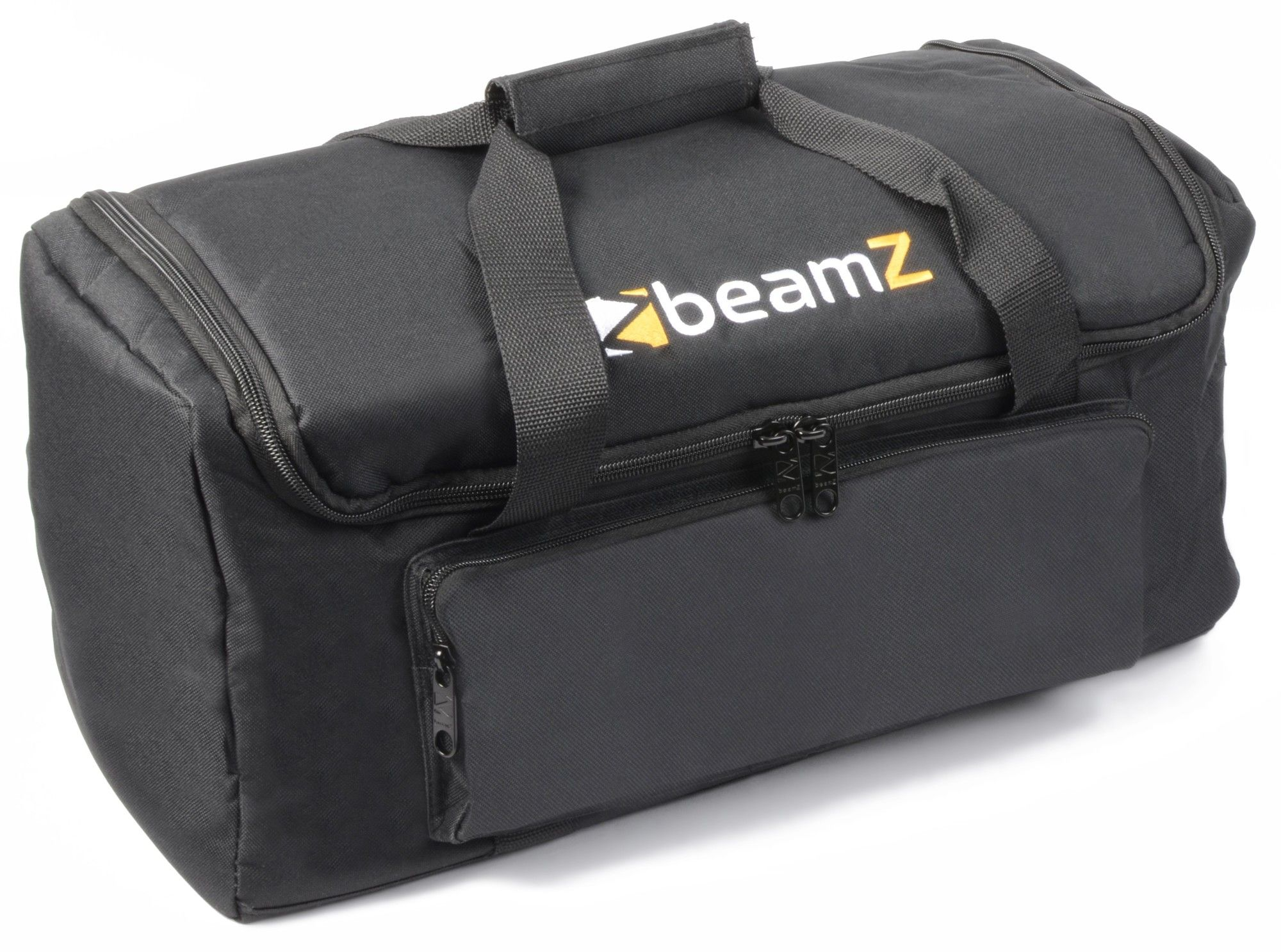 Een zwarte rechthoekige tas met een handvat en een zak, met het 'beamZ'-logo in geel en wit.