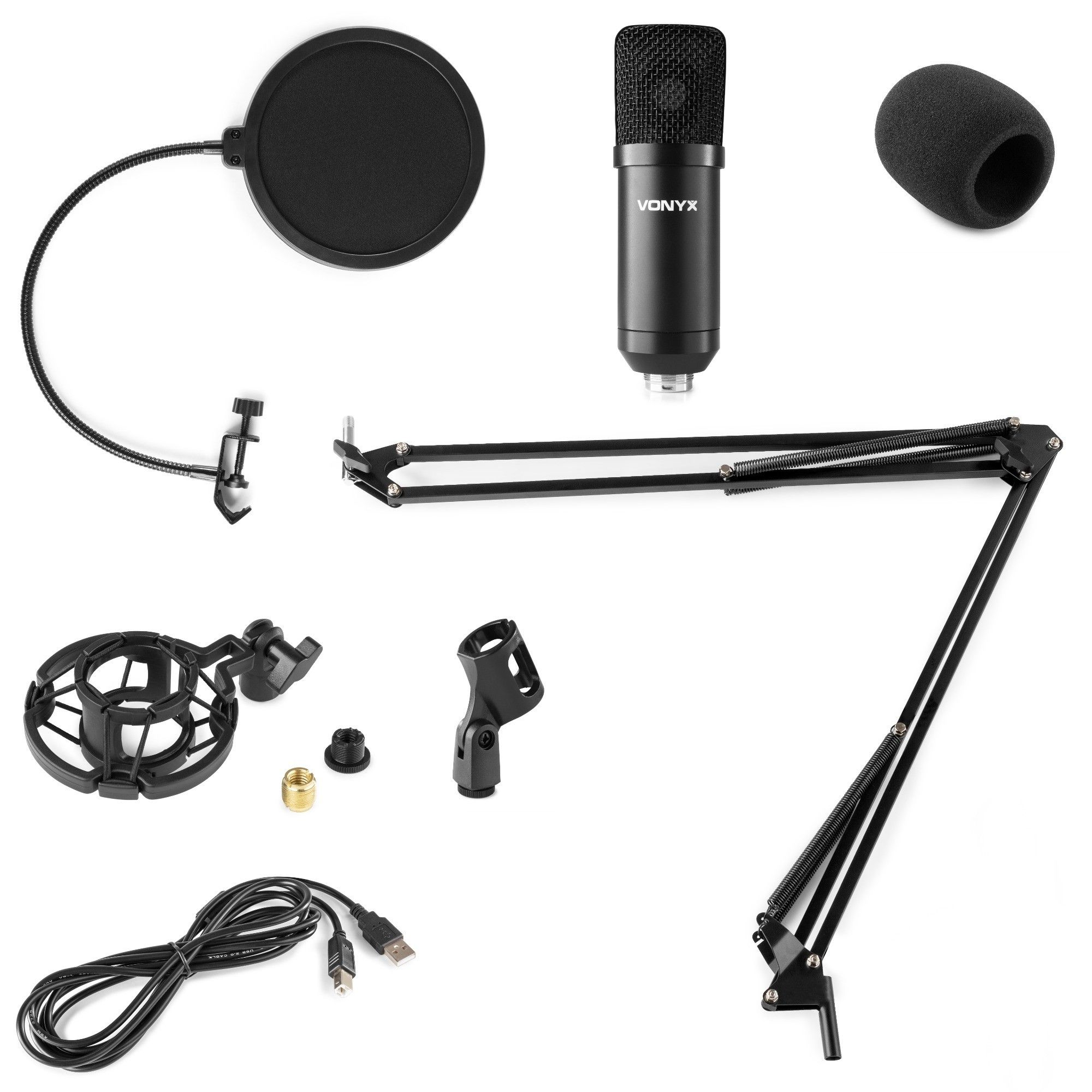 Zwarte microfoonset met popfilter, shockmount en arm op witte achtergrond.