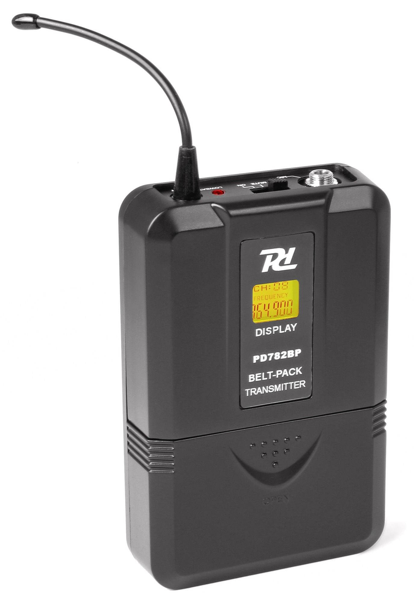 Black belt-pack transmitter. Brand: R2 Power Dynamics. Text: PD782BP.