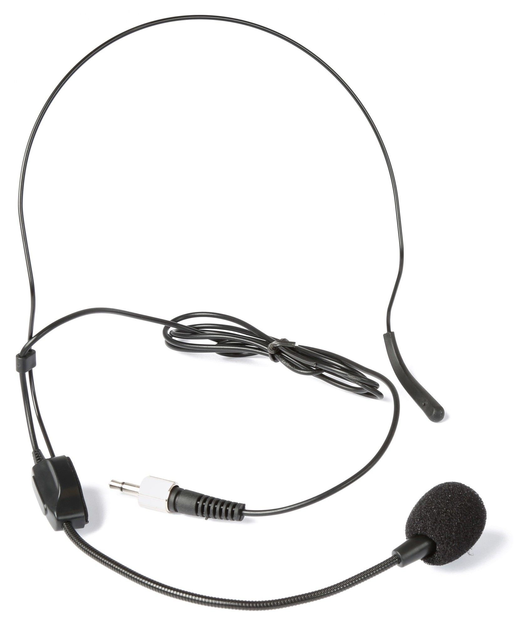 Headset microphone with a black headband and microphone, and a connector.