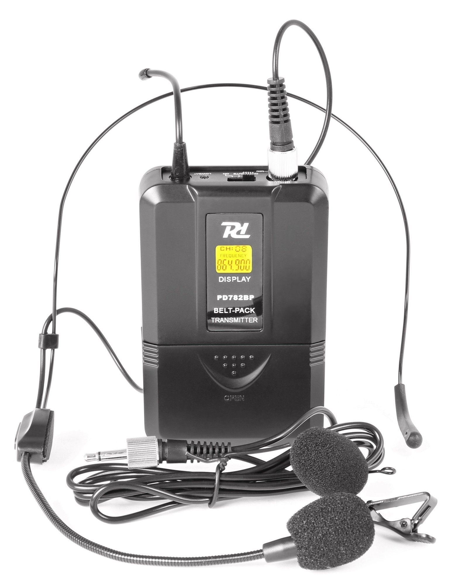 Belt-pack transmitter with headset microphone and clip-on mic. Black and white.