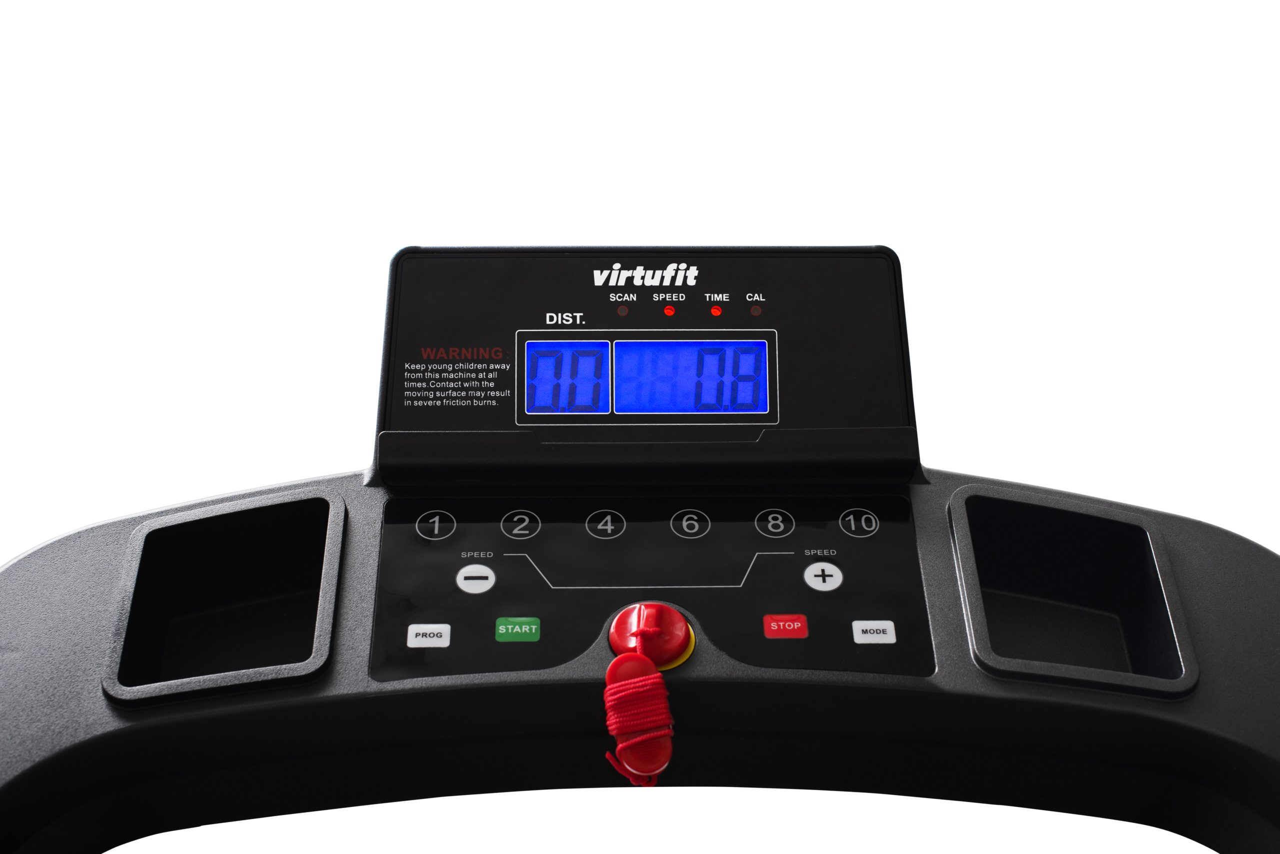 Laufband-Bedienfeld mit Display und Tasten. Das Display zeigt Zahlen an.