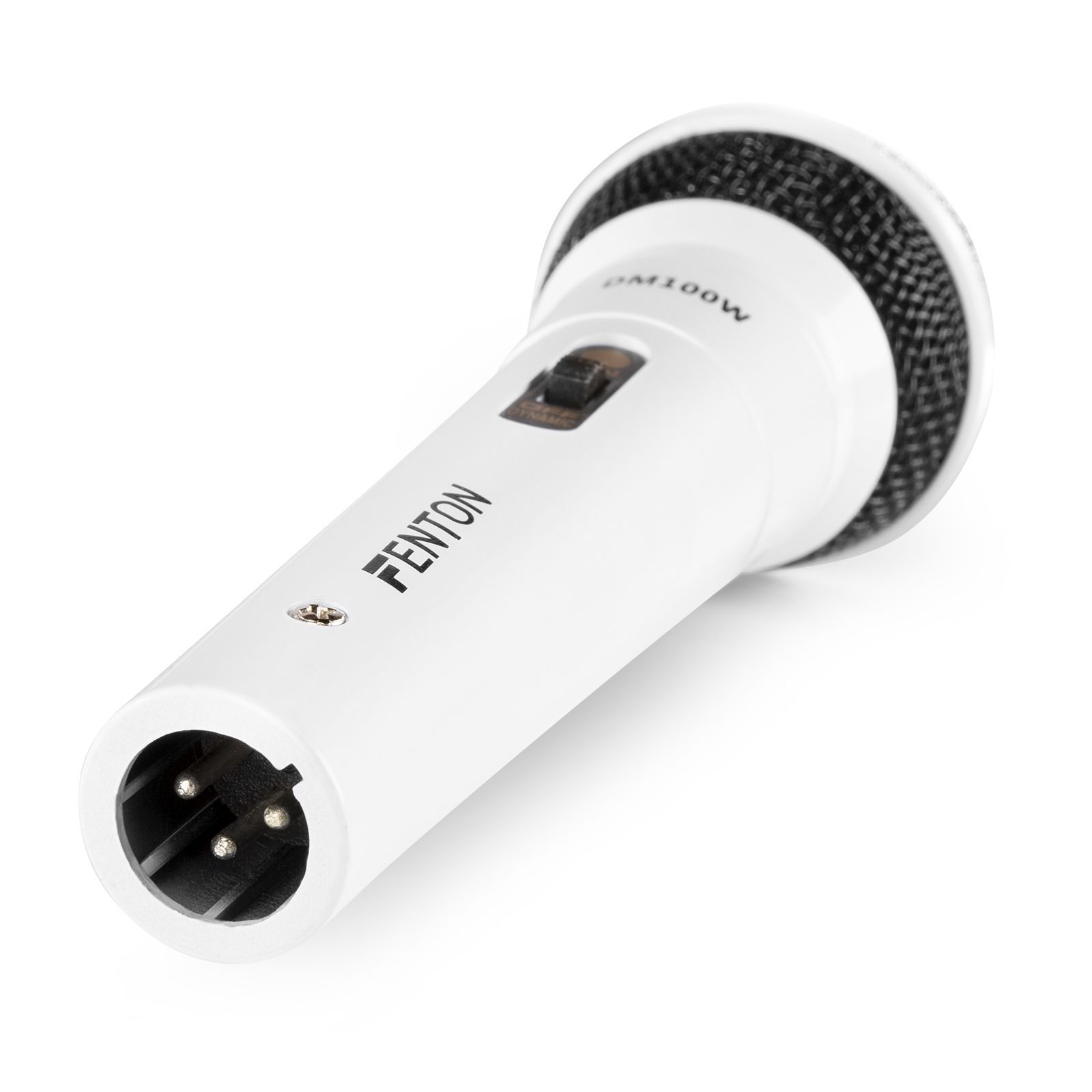Biały mikrofon FENTON. Czarna siatkowa osłona. Przełącznik zasilania i złącze na dole.