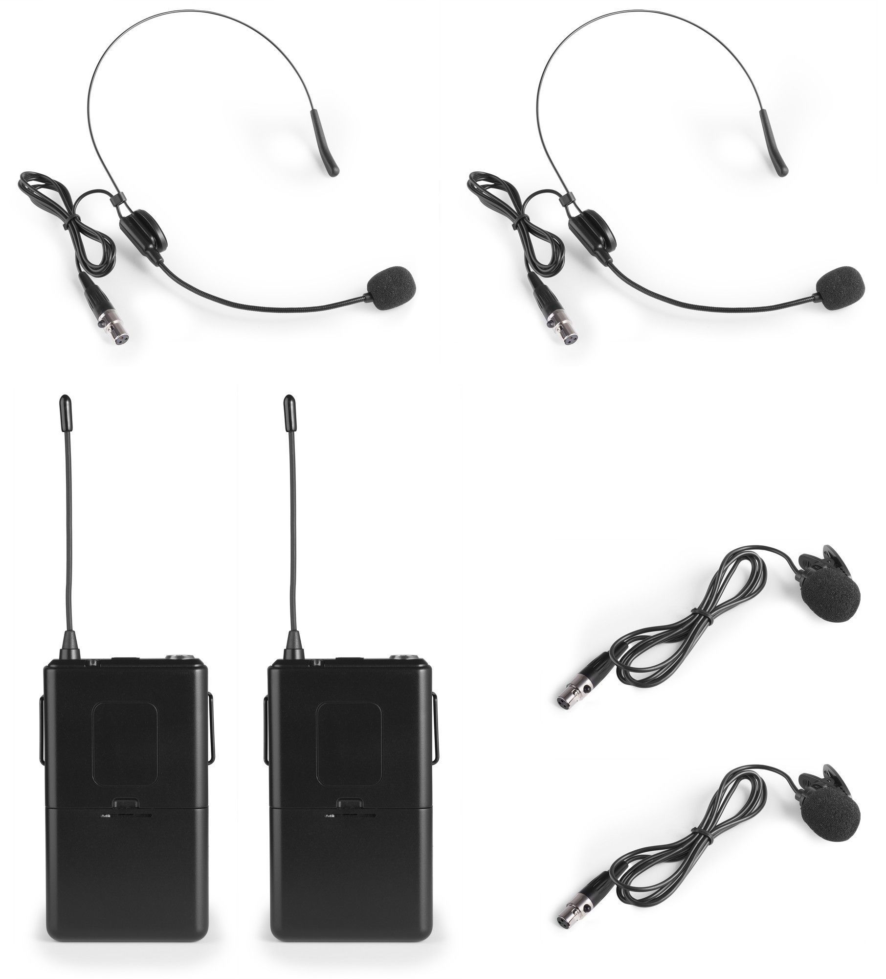 Two headset microphones and two wireless microphone sets. White background.