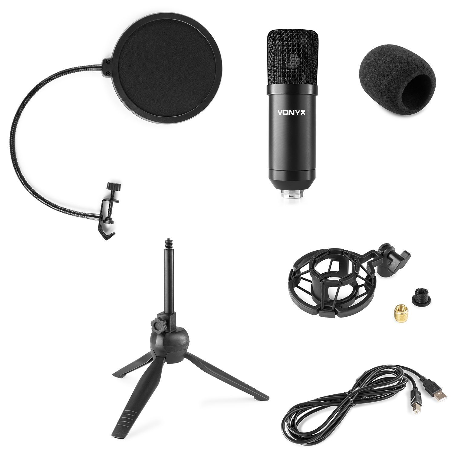 Varios accesorios de micrófono negros sobre blanco. Incluye filtro antipop, micrófono, soporte, soporte y cable.