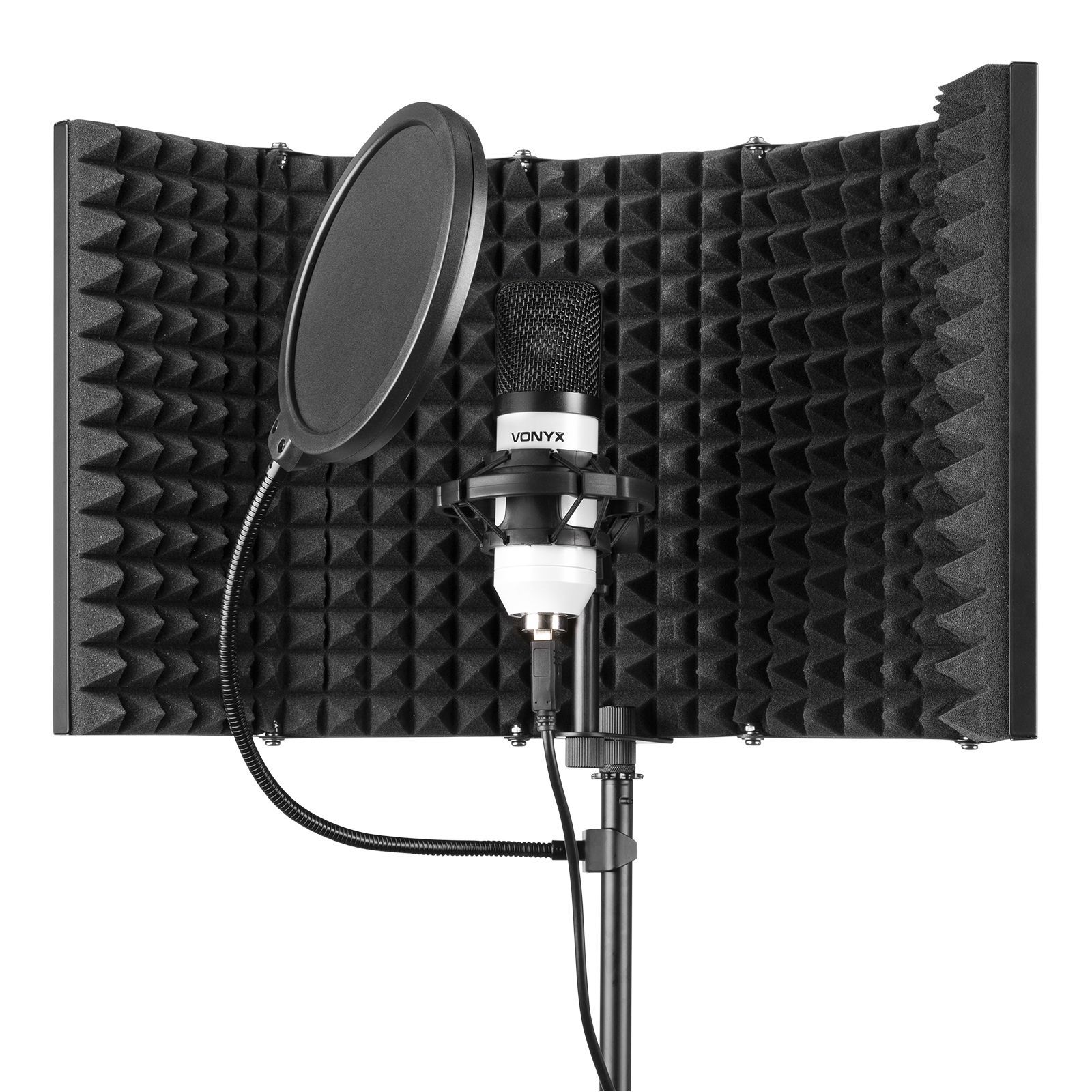 Microphone in a recording booth with pop filter and foam panels. Product: Vonyx.