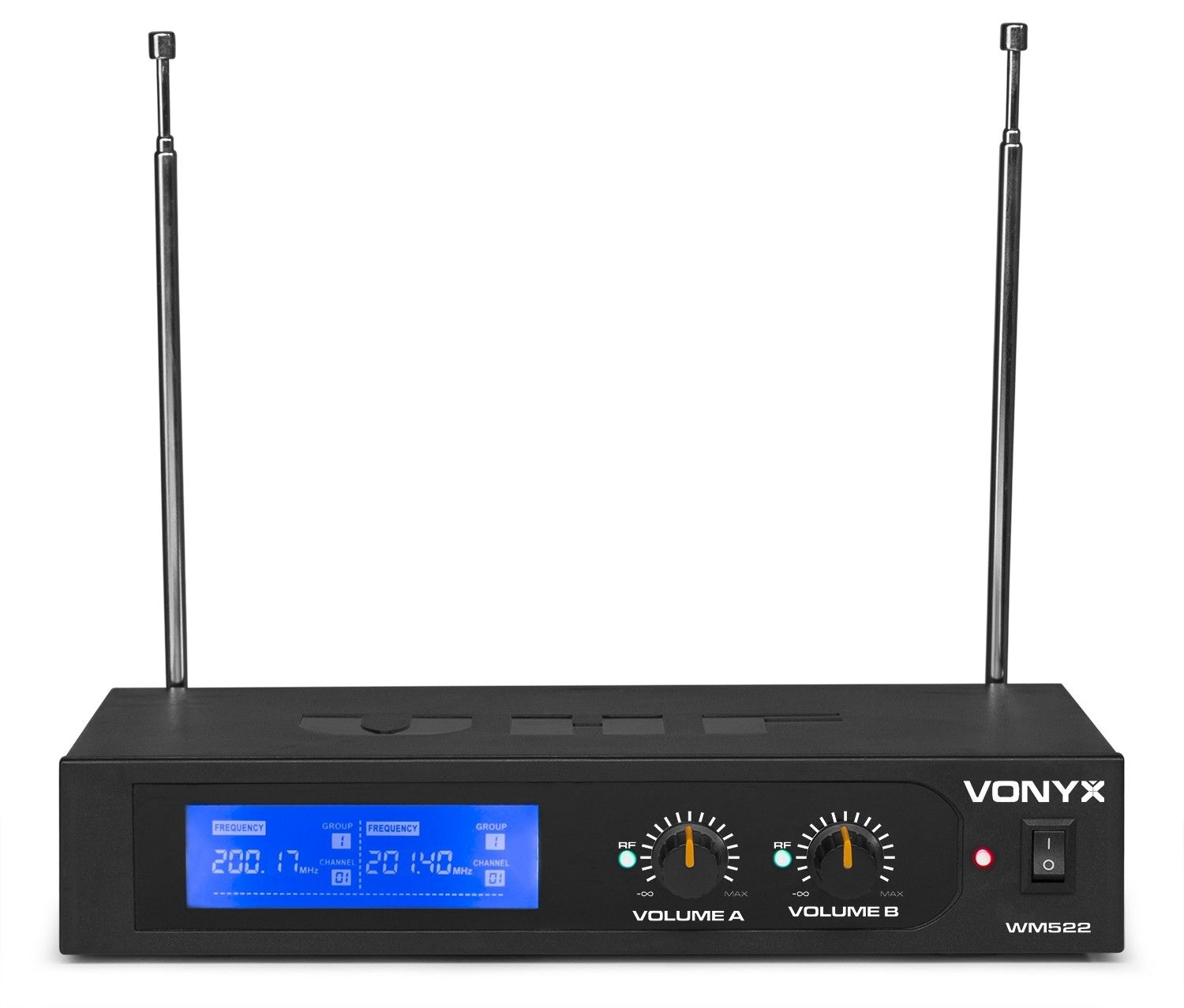 A black audio receiver with two antennas. It has a display and volume controls. The brand is 'VONYX'.