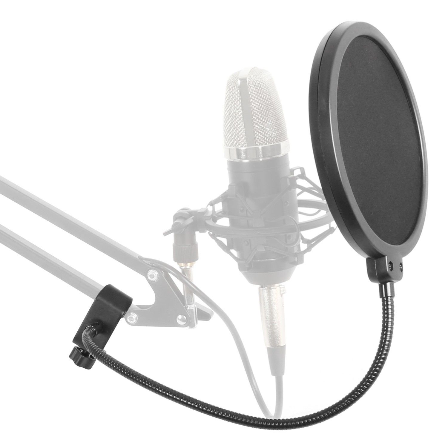 Microphone with a pop filter on a stand, black color.