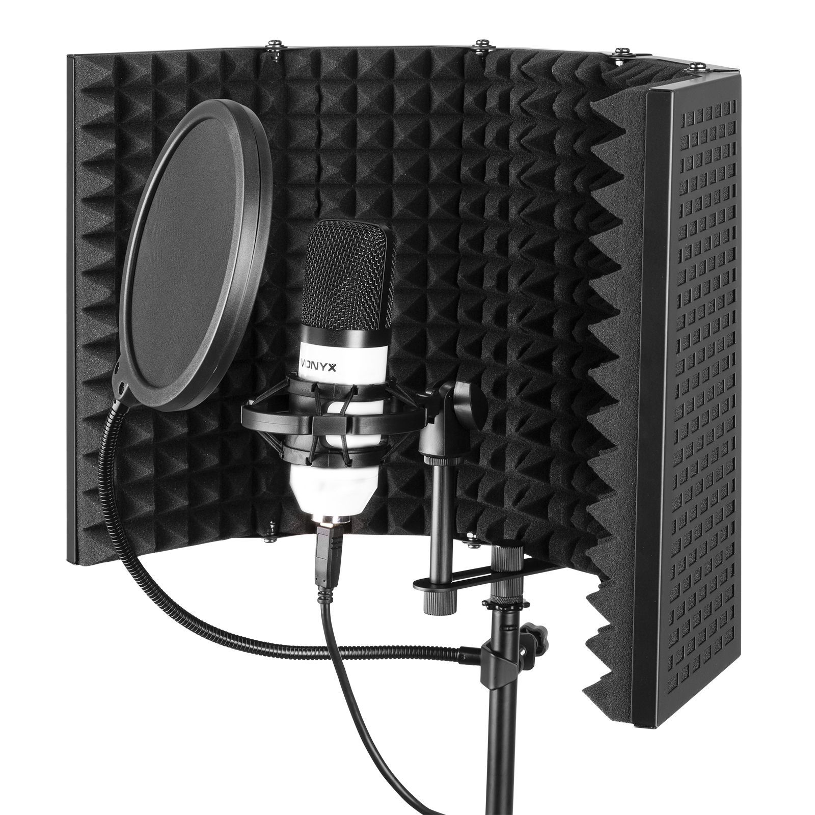 Microphone in a sound isolation shield. A pop filter is in front. The background is white.