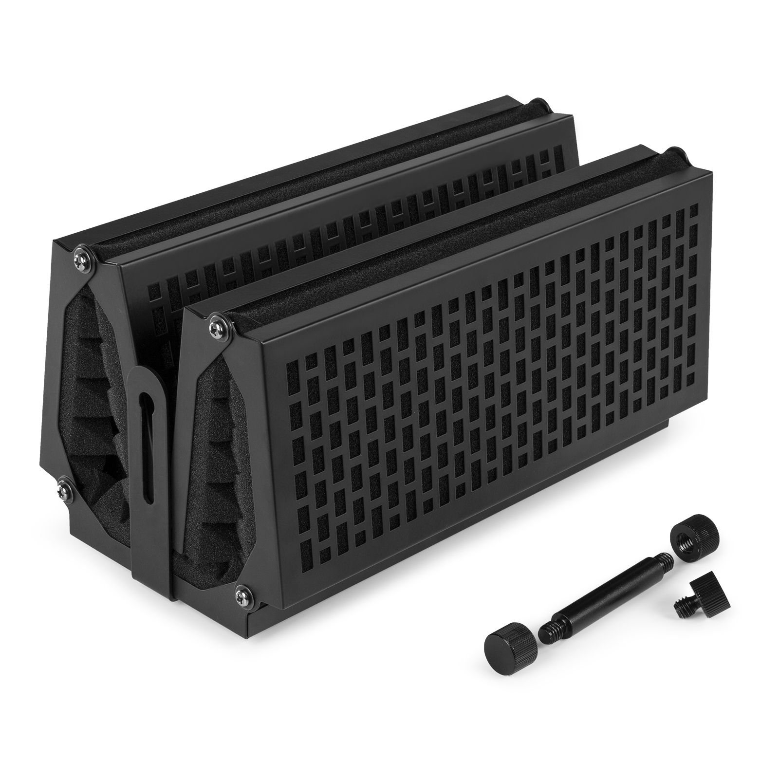 A black sound dampener, designed to reduce noise, with mounting hardware and foam inserts.
