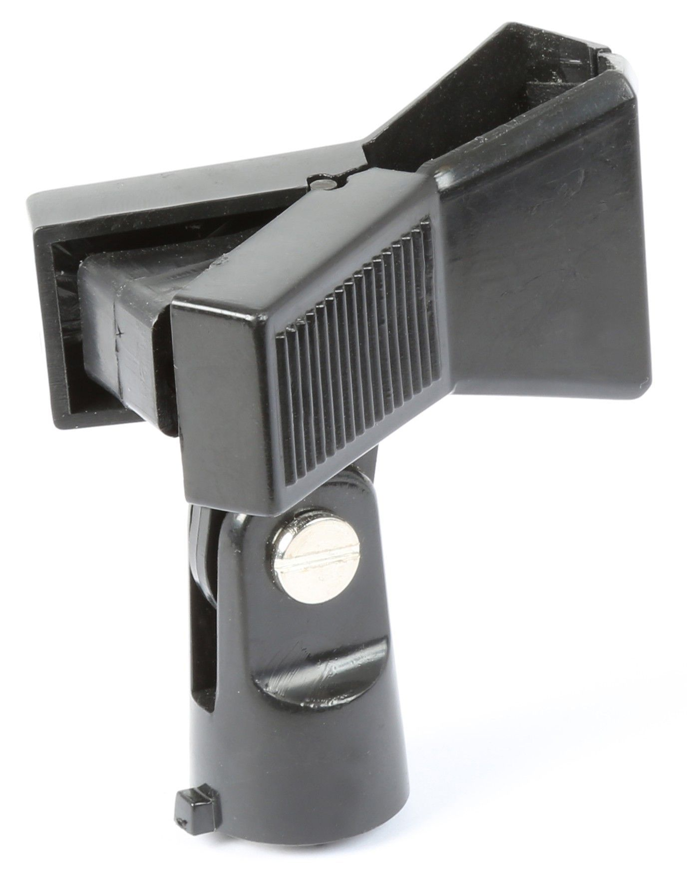 A black microphone clip, with a pivot joint, on a white background.