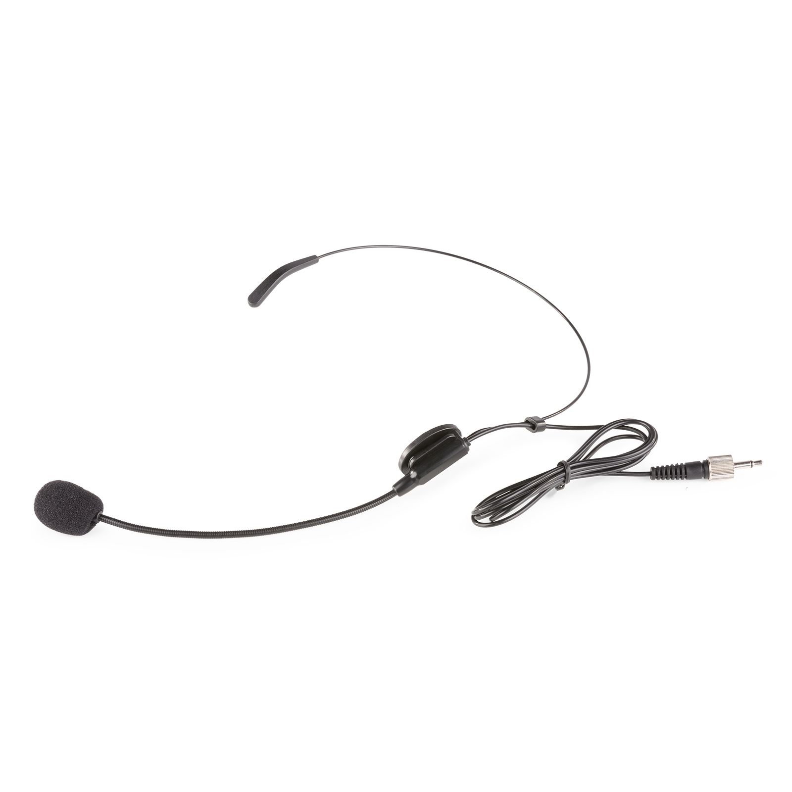Een zwarte headsetmicrofoon met kabel en connector.