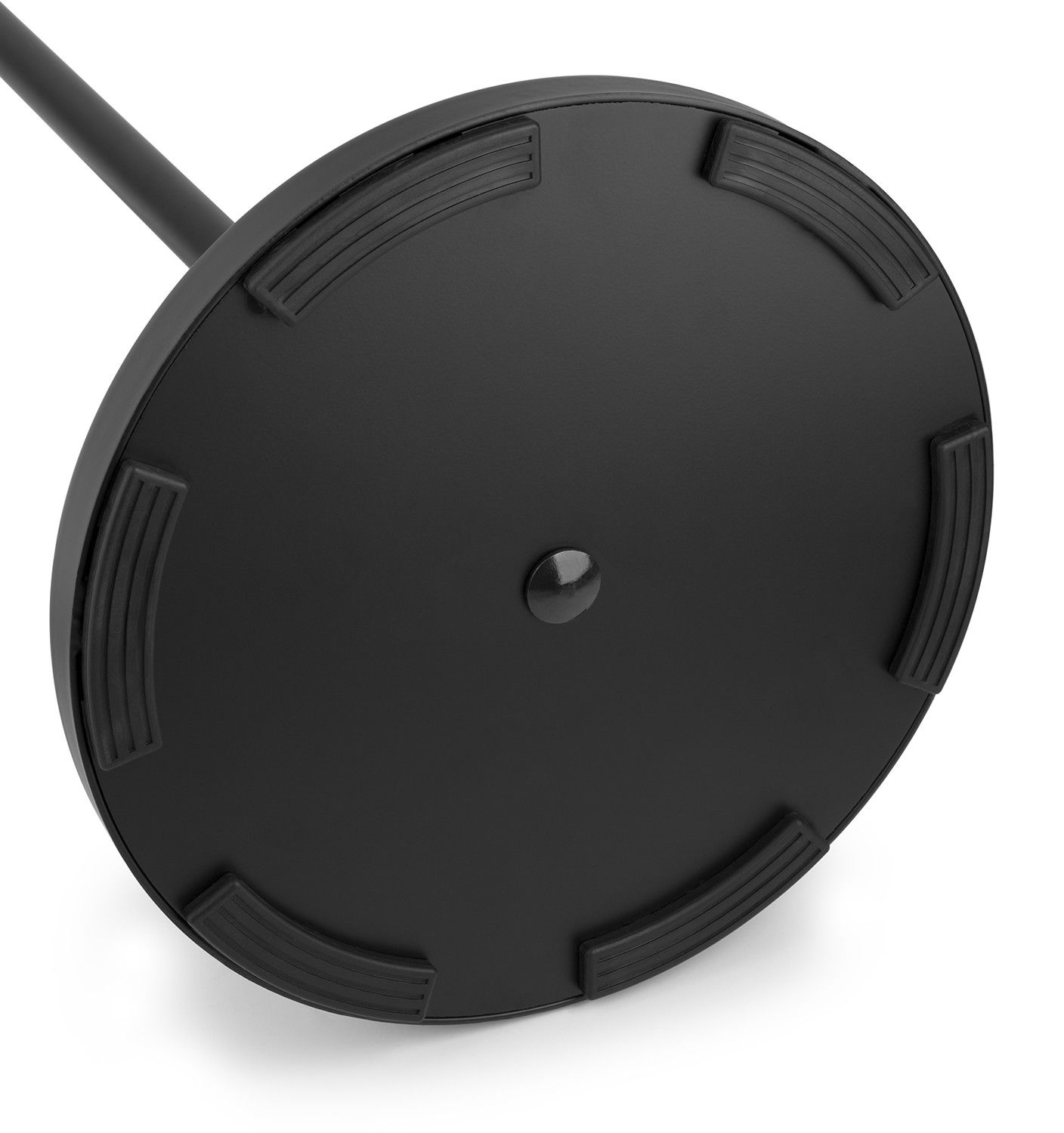 Black microphone stand base. Round, with rubber feet.